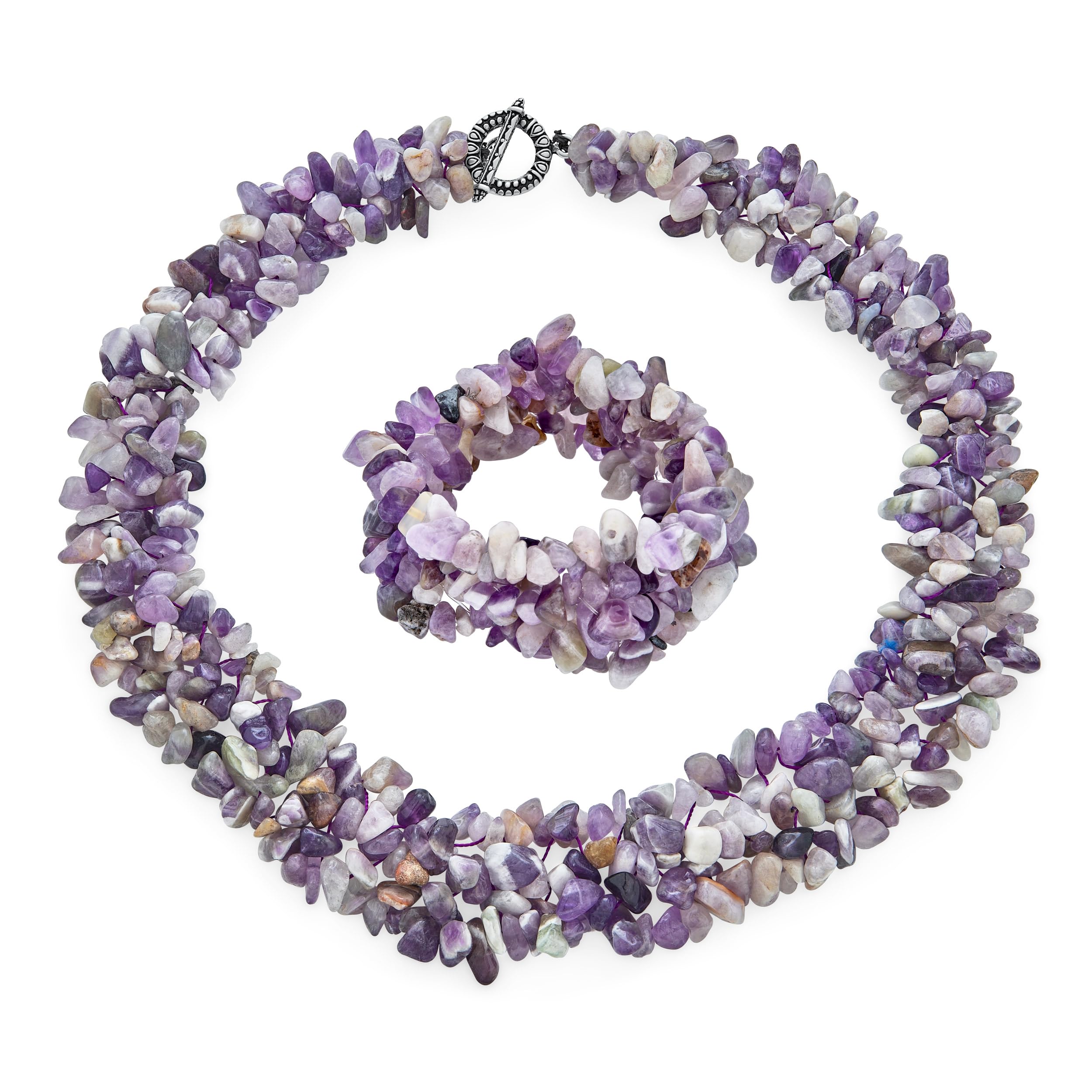 Bling Jewelry Large Wide Chunky Purple Amethyst Stone Chips Statement Bib Necklace For Women Collar Stretch Bracelet For Women Set 18 Inch