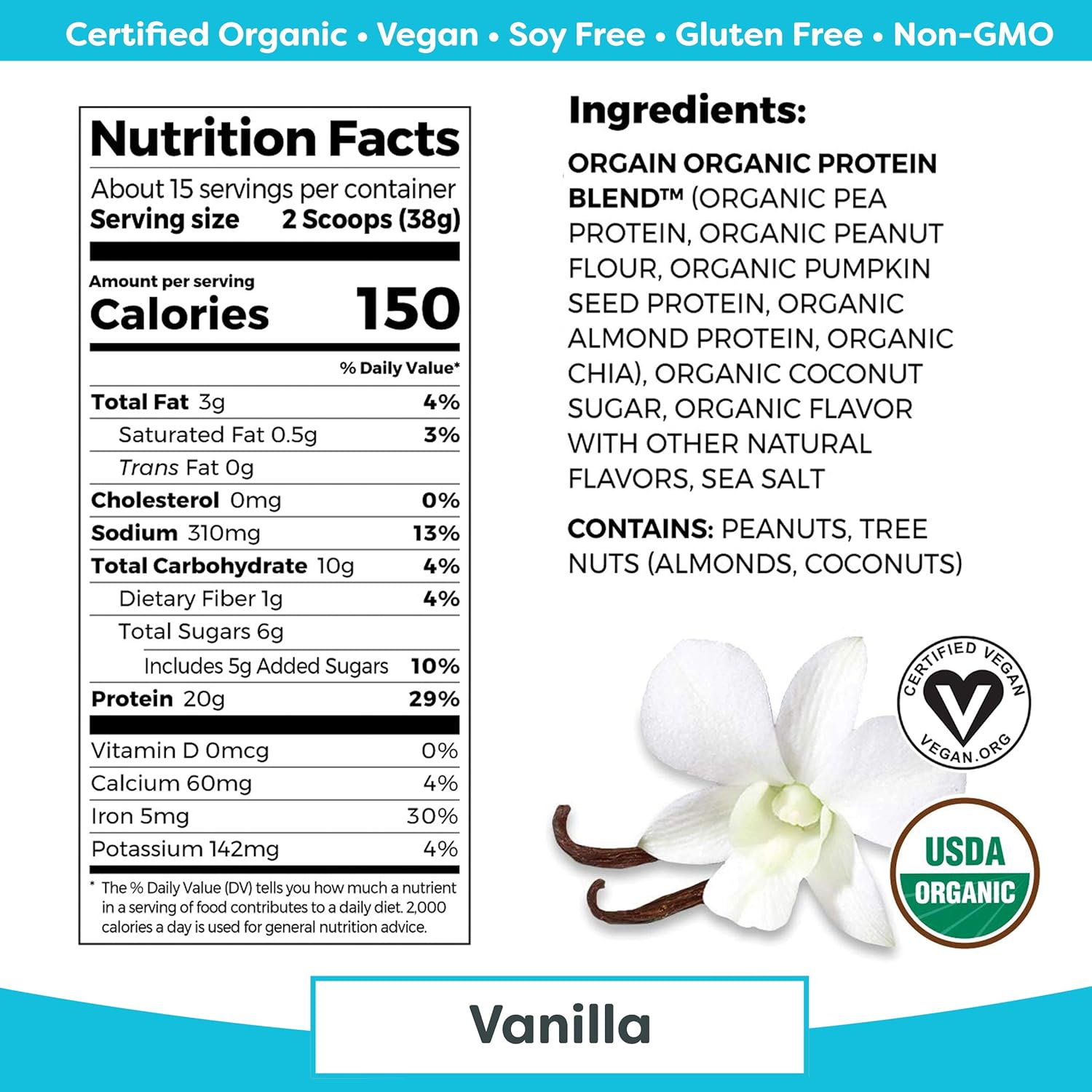 Orgain Simple Organic Plant Protein Powder, Vanilla - 20g Protein, Vegan, Dairy and Gluten Free, Stevia Free, Made with Fewer Ingredients, Kosher, Non-GMO, 1.25 Pound: Grocery & Gourmet Food