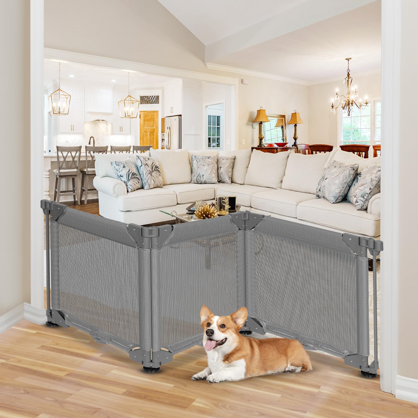 Photo 1 of 24" Tall Step Over Freestanding Baby Gate with Strong Suction Cup 3 Panel 60" Wide No Drill Dog Gate Outdoor Pet Gate for Doorways No Drilling 6 Ft Child Proof Baby Gate Mesh Puppy Gates for The House