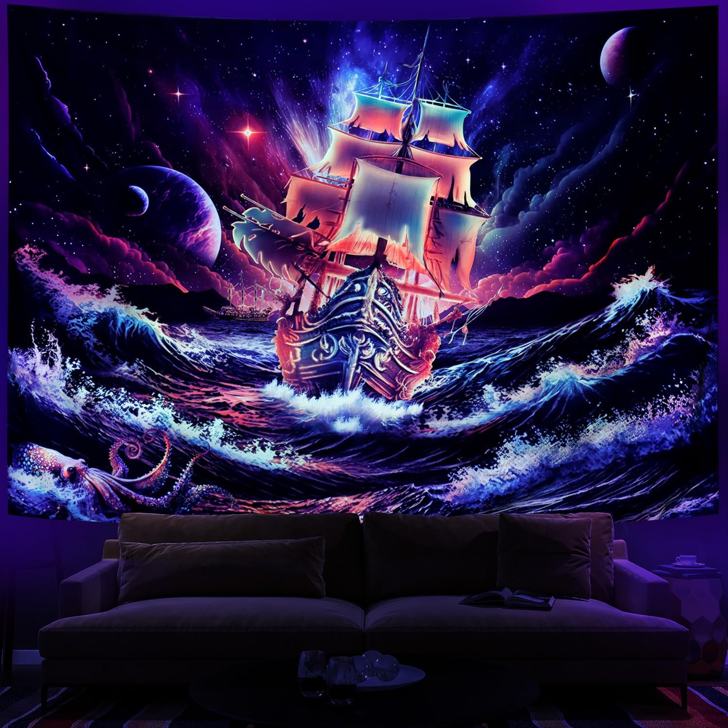 Tapestries - Leofanger Blacklight Galaxy Tapestry Trippy Planet Tapestry UV Reactive Neon Ocean Wave Octopus Wall Tapestry Great Wave Tapestry Starry Sky Tapaestry Wall Hanging for Home Decor(51.2