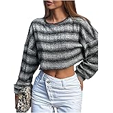 OYOANGLE Women's Striped Cropped Sweater Y2K Long Sleeve Goth Ripped Pullover Knit Tops Streetwear