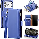 Antsturdy Compatible with iPhone 17 Pro Max Wallet Case Women,RFID Blocking PU Leather Phone Case Men Kickstand Flip Cover Wrist Strap Zipper Credit Card Holder Slots for Apple 17 Pro Max,Purple Blue