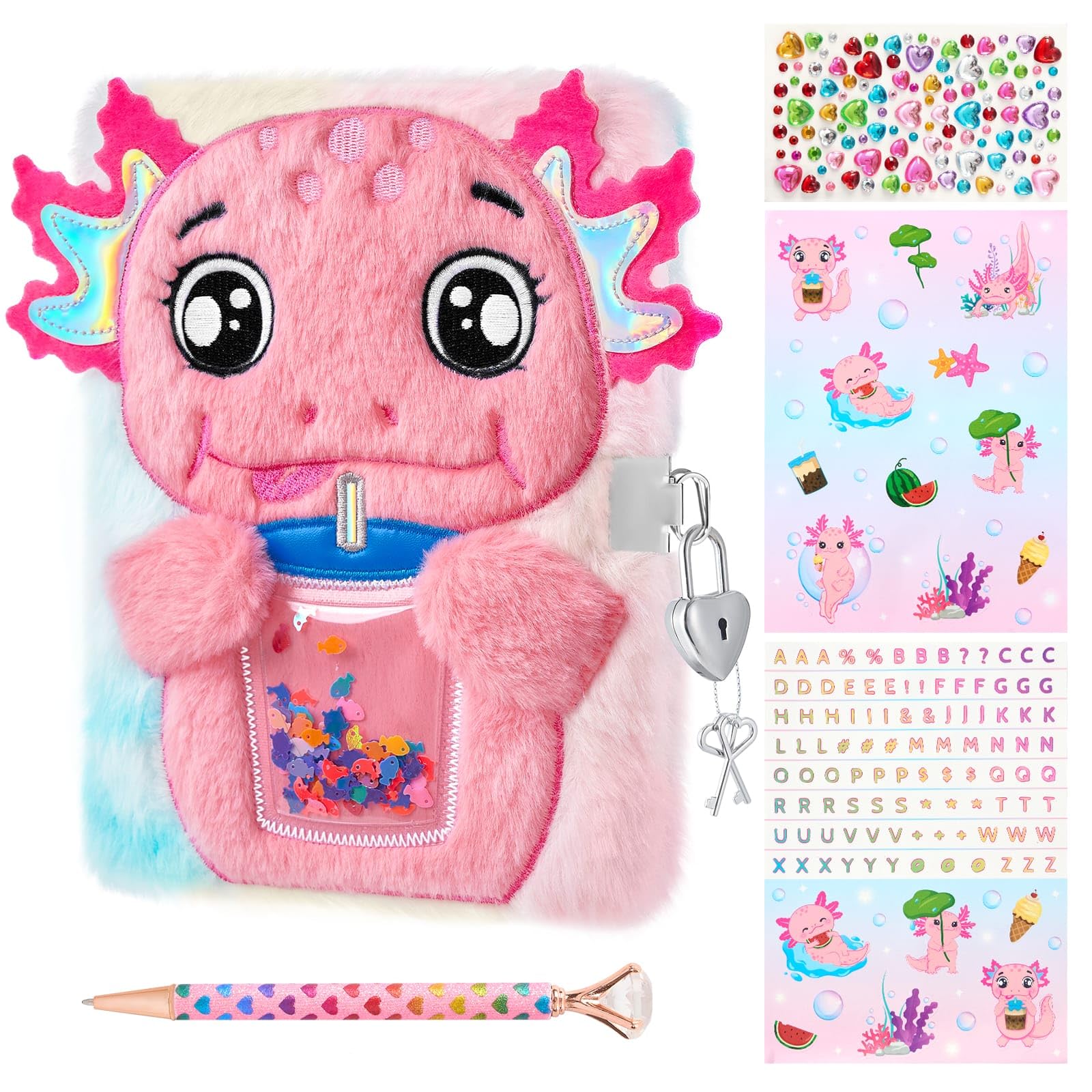 WEINNSAI Axolotl Plush Journal Set for Kids, Adorable Secret Diary Set with Lock, Key, Pen,Stickers, School Travel Notebook for Writing Drawing, Birthday Gifts for Girls Ages 6-8 — image 1