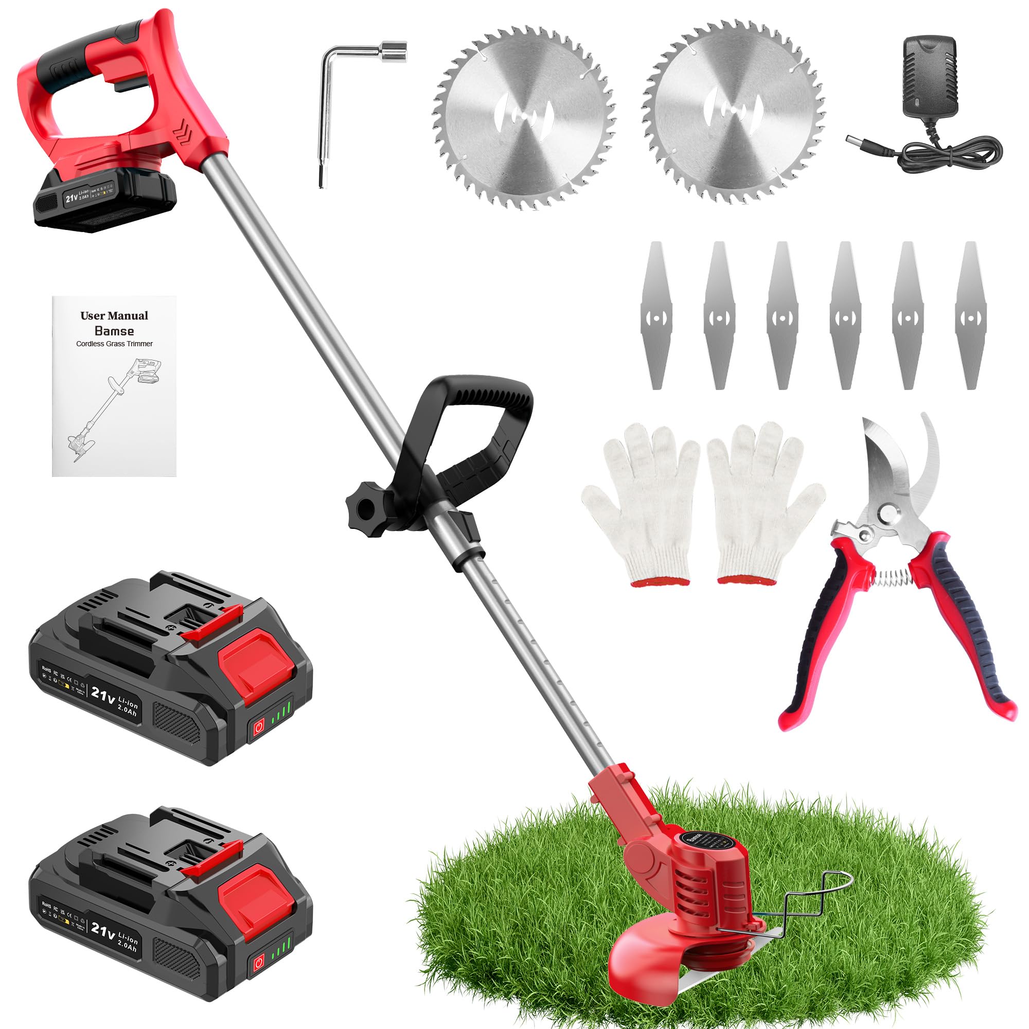 Bamse Rasentrimmer mit Akku – Akku Rasentrimmer, 11000 U/min, 2x2000mAh, Teleskopgriff 85–120cm, 2 Schneidköpfe – Freischneider Akku für Garten, Motorsense, Kantenschneider Rasen, Rot