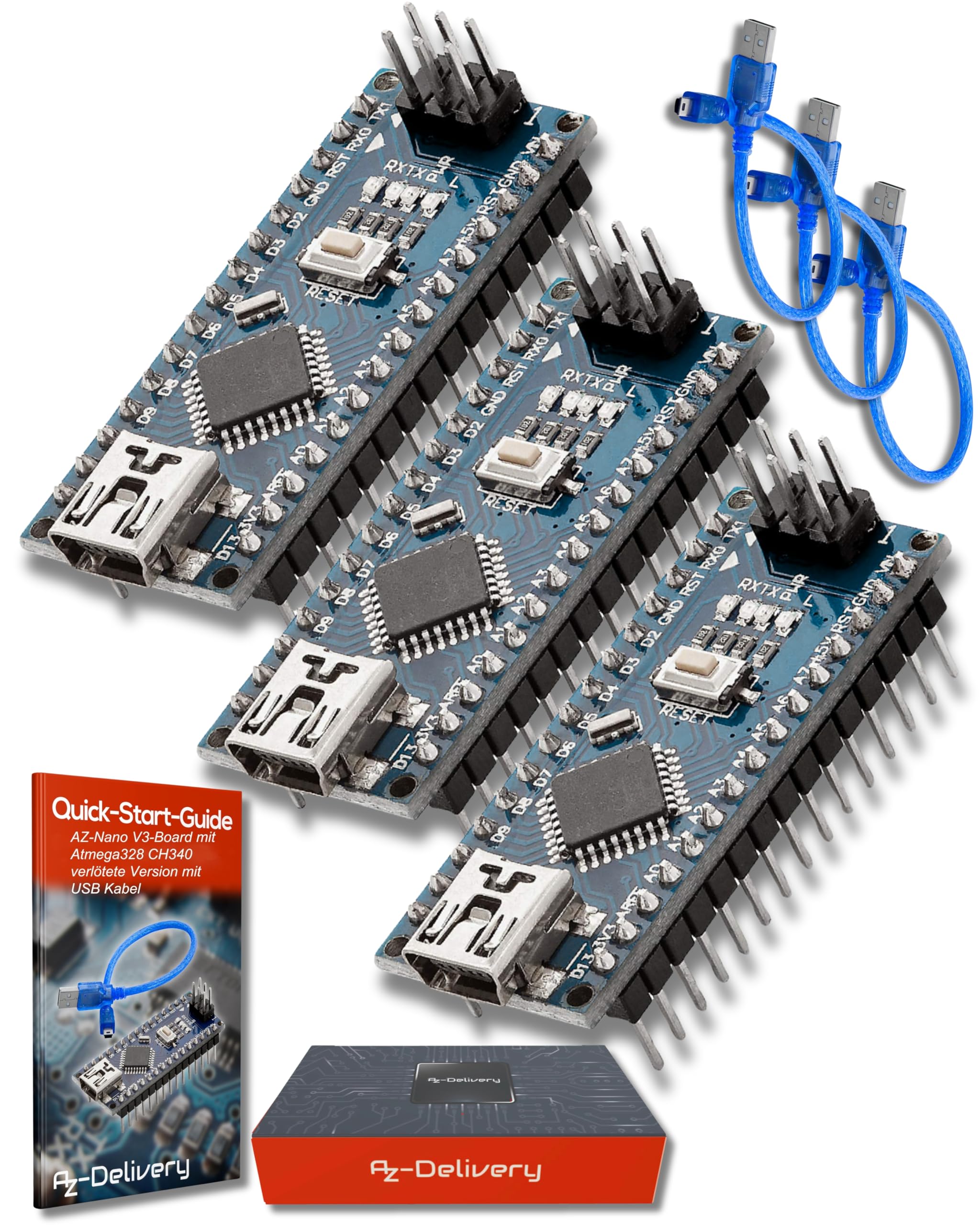 AZDelivery 3 x Mini AZ-Nano V3-Board ATmega328P Micro Controller Board ATmega328 5V 16MHz CH340 with Mini USB Cable, Including E-Book! — image 1