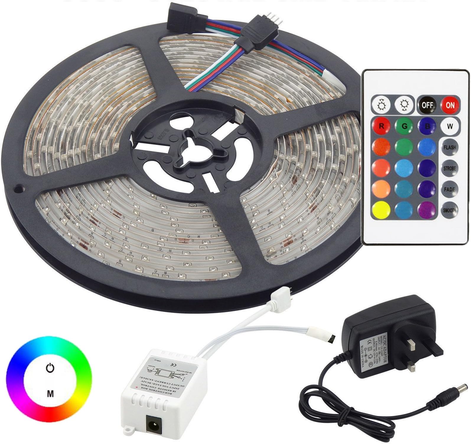 Vansuky LED Strip Light Strip 5 Meter Tape Strip with 300 LEDs (SMD 3528) incl. Waterproof IP65, Including Power Supply and Remote Control, Remote Control RGB Colorful