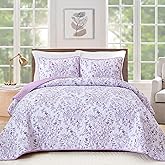 WONGS BEDDING Quilt Queen Size, Purple Quilt Bedding Set with 2 Pillowcases, Botanical Quilt for Queen Bed, Soft Microfiber Lightweight Coverlet Bedspread for All Season (96"×90", 3 Pieces)