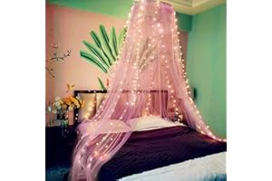 Eimilaly Lace Bed Canopy Mosquito Netting with Warm Lights, Princess Bed Canopy for Girls Room Decor, Pink/Single Door