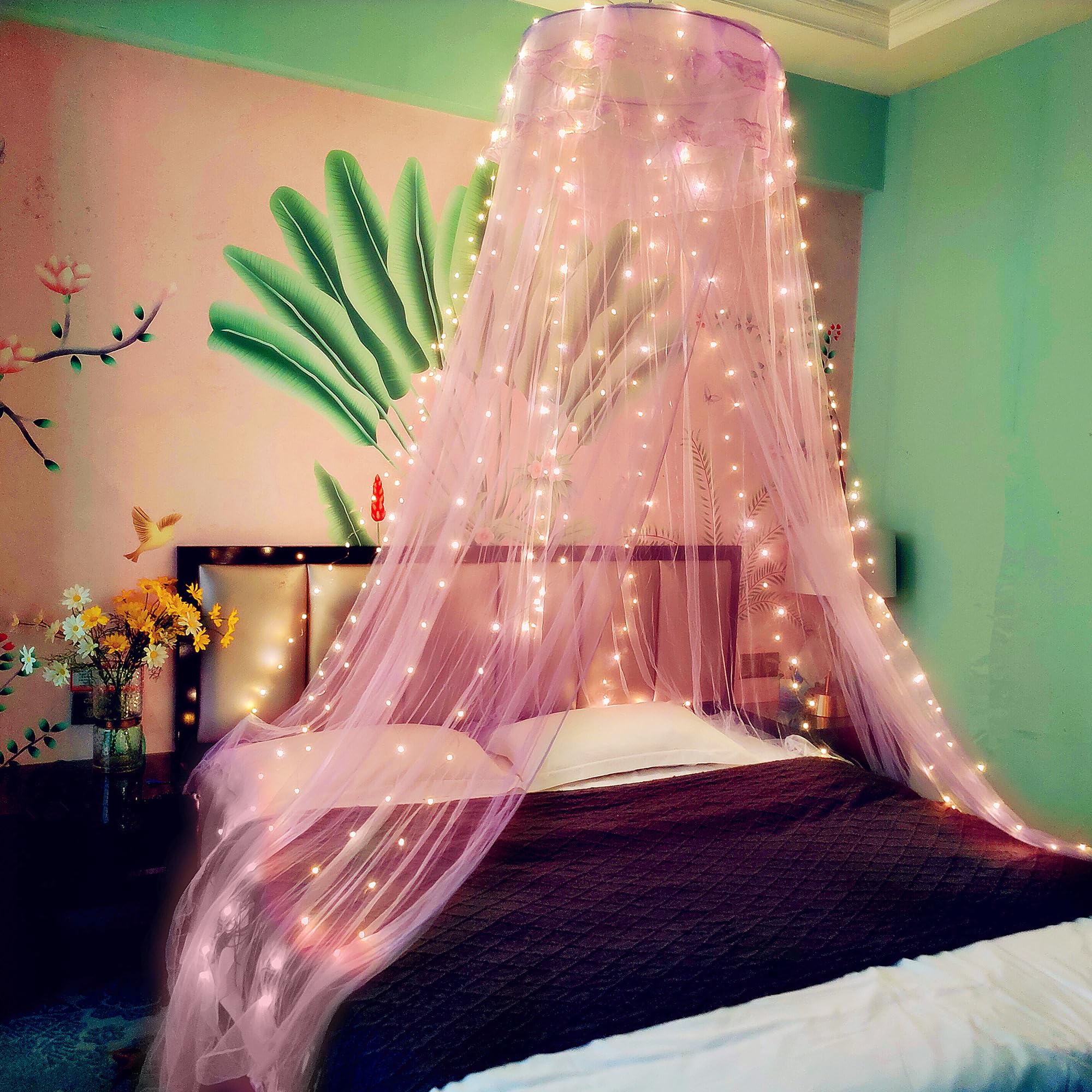 Eimilaly Lace Bed Canopy Mosquito Netting with Warm Lights, Princess Bed Canopy for Girls Room Decor, Pink/Single Door