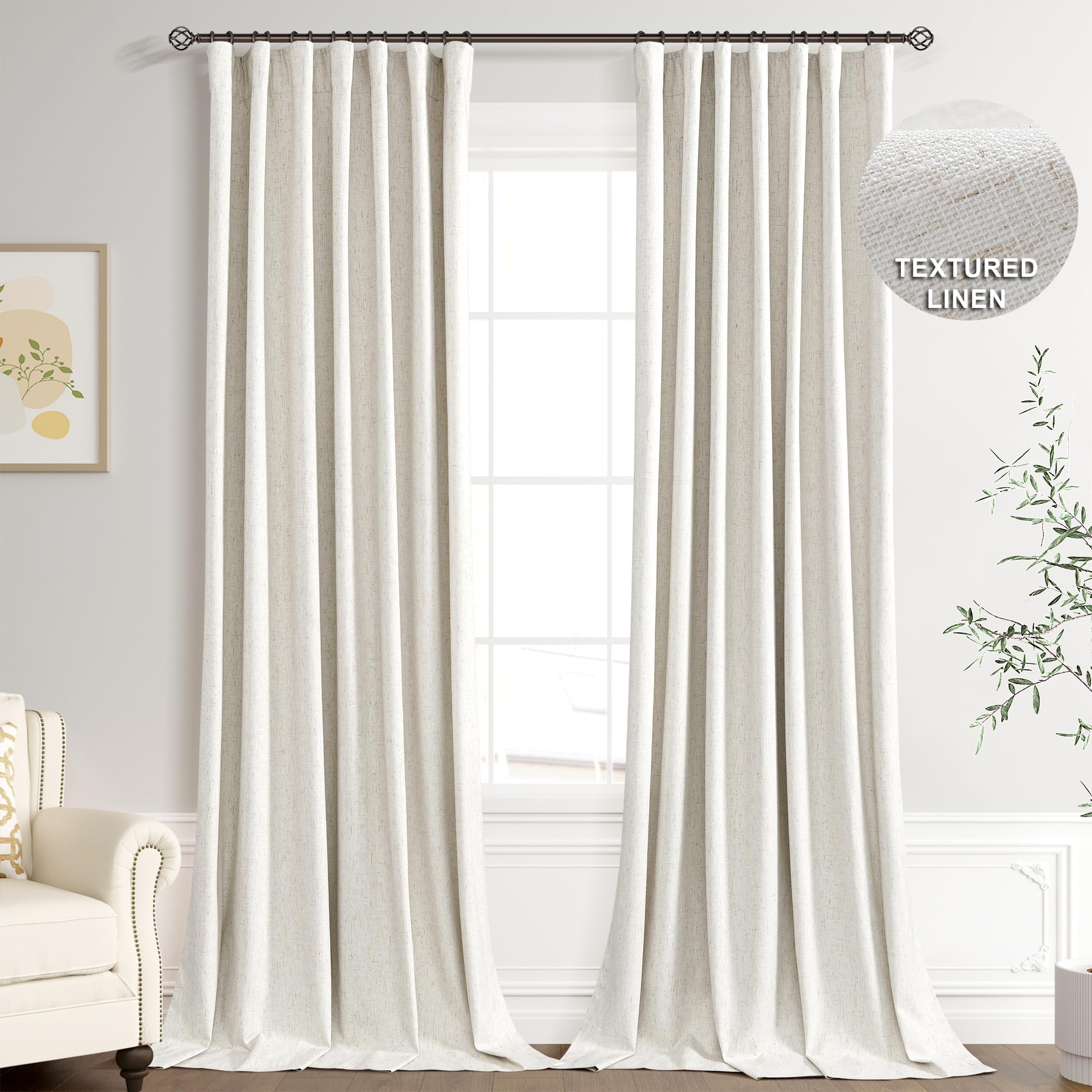 Photo 1 of Joywell Linen 100% Blackout Curtains 100 Inches Long, Rod Pocket/Back Tab/Hook Belt/Clip Rings, Room Darkening Drapes for Girls Bedroom Living Room Decor (2 Panels Set,52 x 100,Natural Beige)