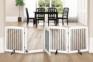 PUPETPO Freestanding Dog Gate with Door, Dog Gate for Stairs, 80 inch Wide Pet Gate Indoor, Dog Fences Indoor, Support Feet Included, 4 Panels, 24" Tall, White & Black