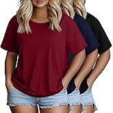 Evervibe 3 Pack Women's Plus Size Half Sleeve Shirts Crew Neck Irregular Hem Tops Loose Fit Casual Basic Tees