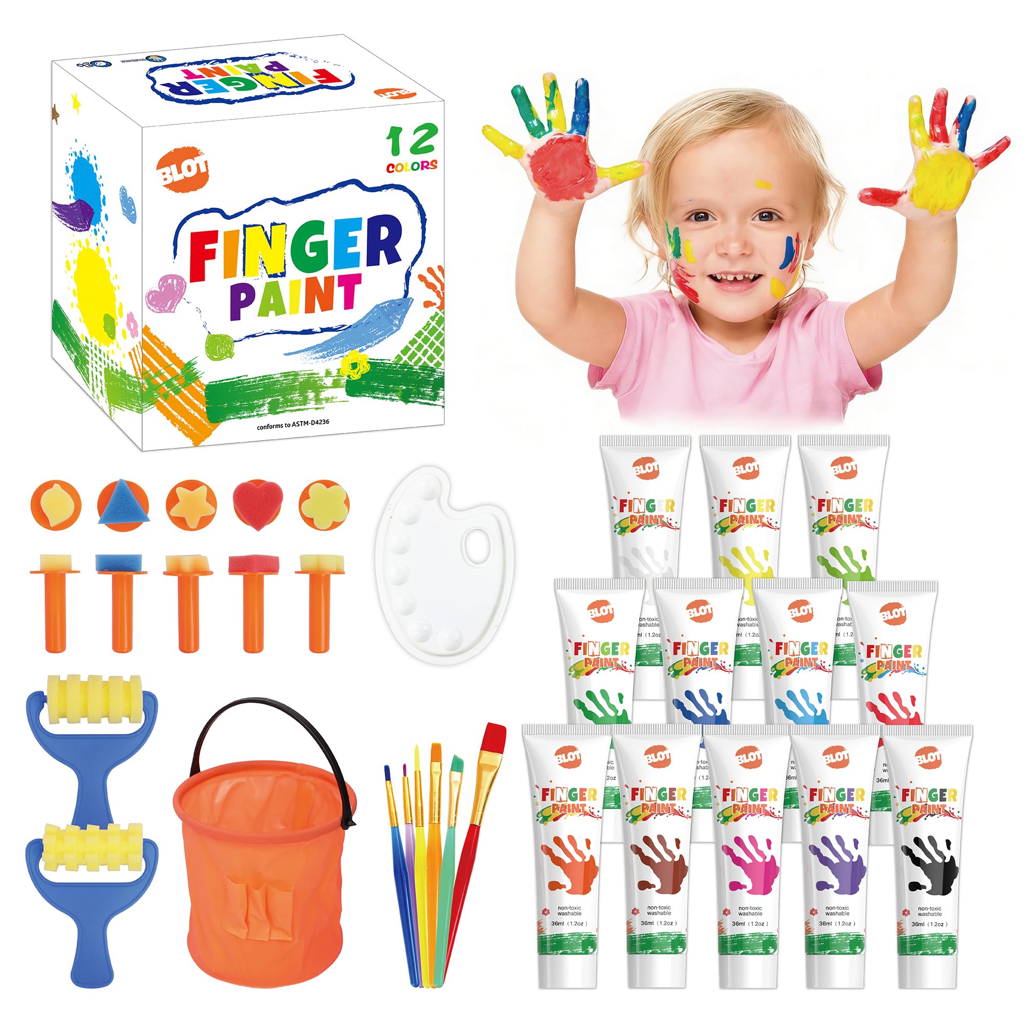 BLOT Toddler Painting Set, Washable Finger Paints for Kids, 12 Colours (36ml Each), Includes 7 Sponge Tools, 6 Paint Brushes, Palette and Bucket, Non Toxic Art Supplies, Age3+