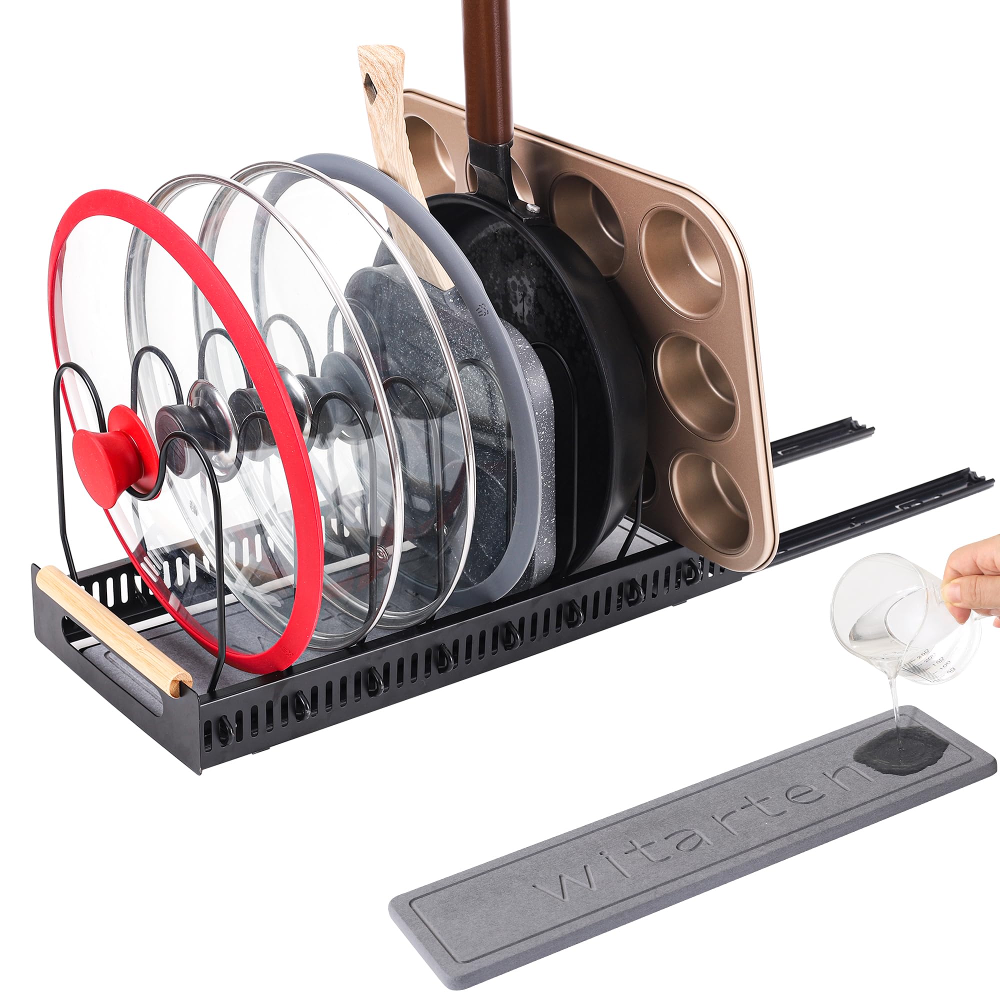 buysigo Pots and Pans Organizer Rack for under Cabinet with Stone Dish Mat，Pull out Pan Organizers inside Cabinet for Kitchen Cabinet Organizers and Storage