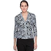 Alex Evenings Womens Stretch Embroidered Formal Event Blouse with Center Front Scallop Detail and Illusion Sleeves