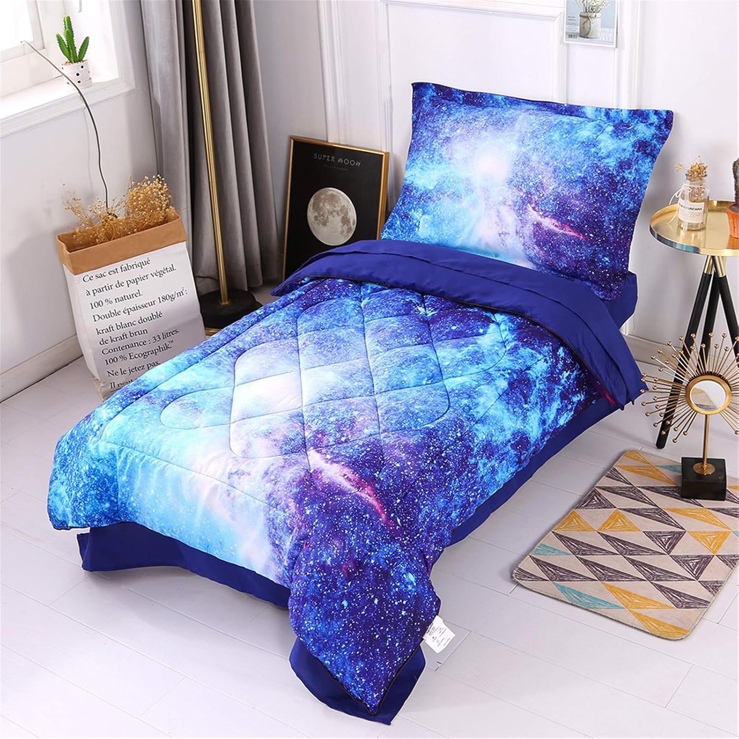 Amazon Com Wowelife Galaxy Toddler Bedding Set Purple 4 Piece Blue Toddler Bed Sets For Kids Blue Galaxy Home Kitchen