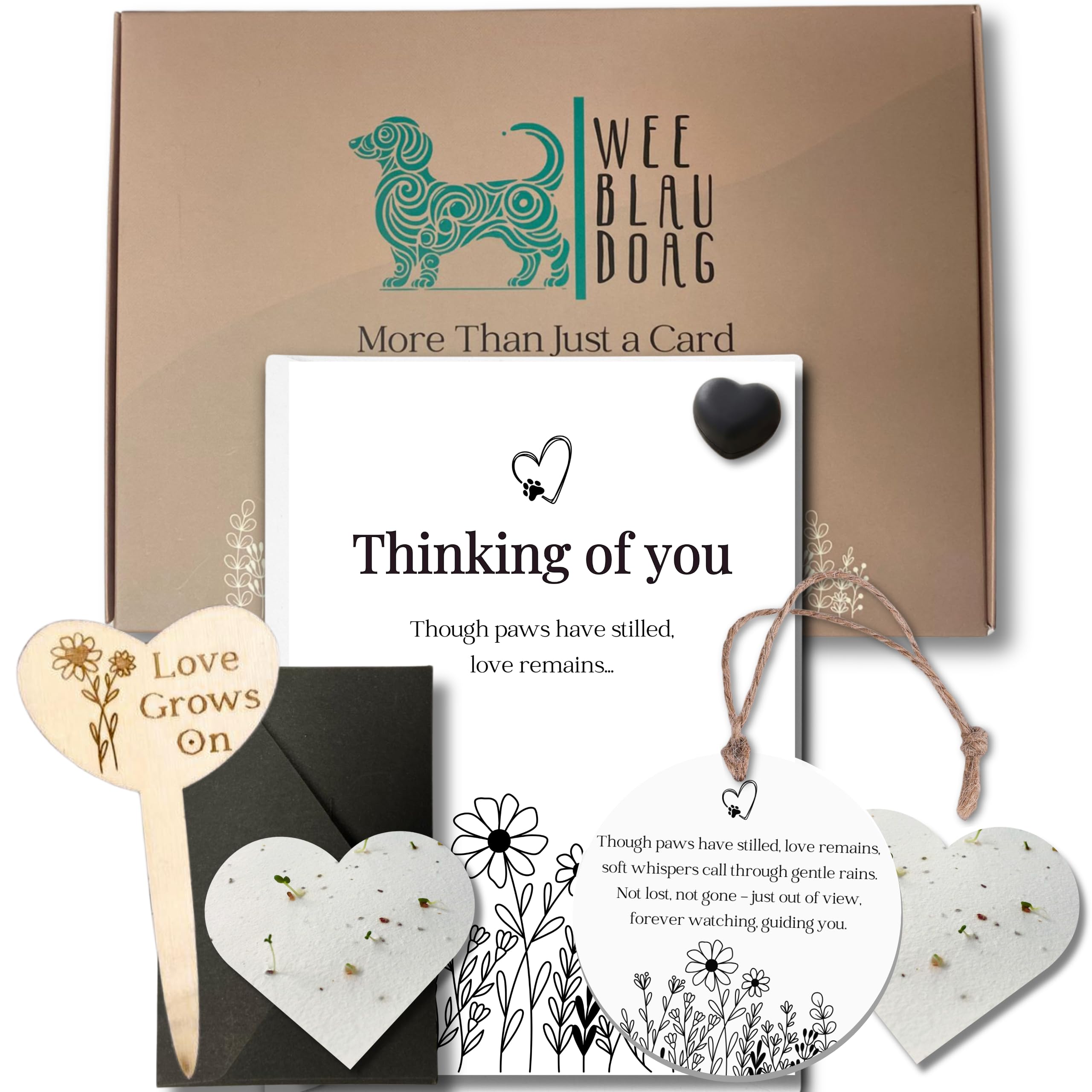 Wee Blau Doag Pet Loss Sympathy Gift: 5-Piece Pet Bereavement Gifts Set with Condolence Card, Seeded Hearts, Plaque & Pin | Comforting Sympathy Keepsake for Grieving Owners