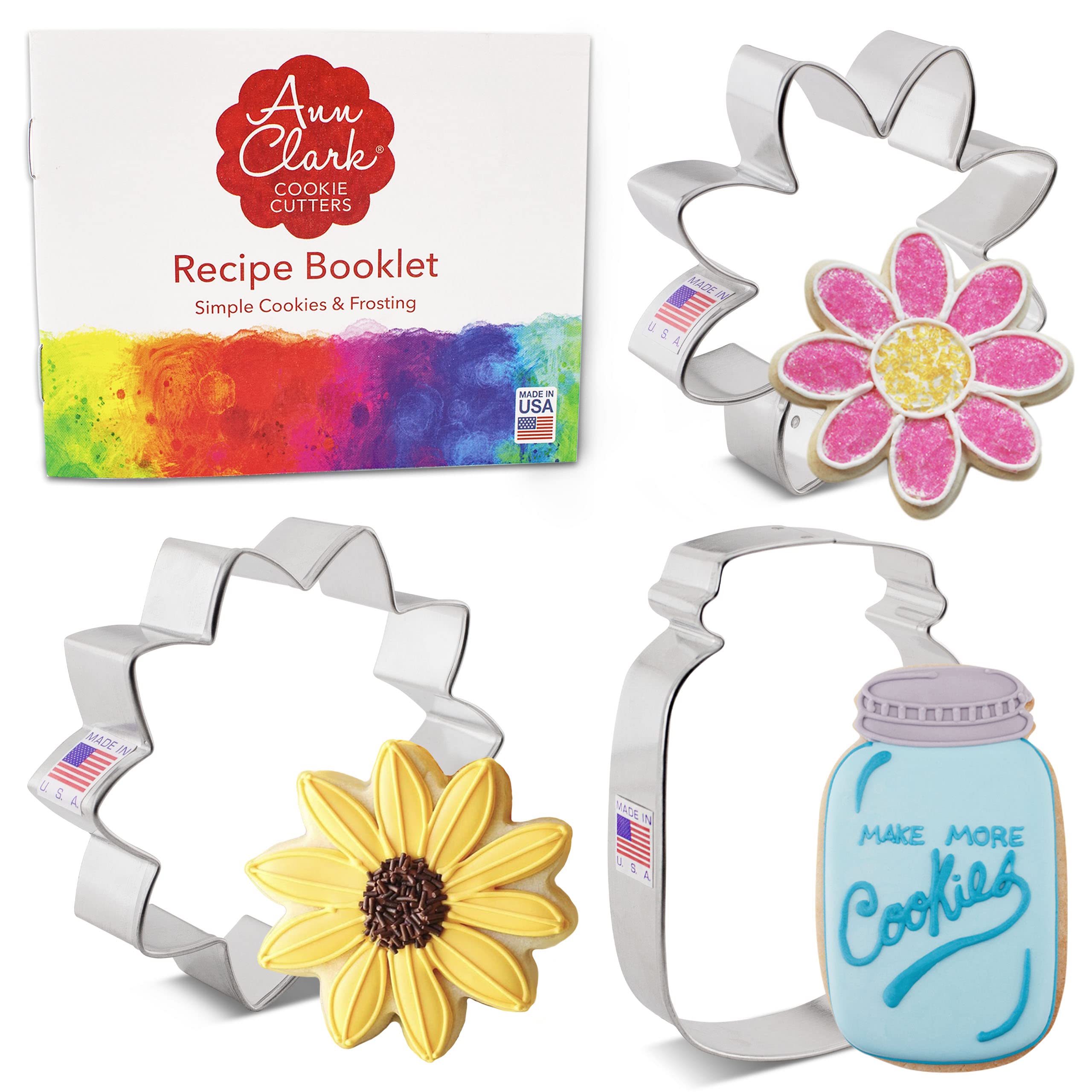 Summer Flowers Cookie Cutters 3-Pc. Set Made in The USA by Ann Clark, Sunflower, Daisy and Mason Jar