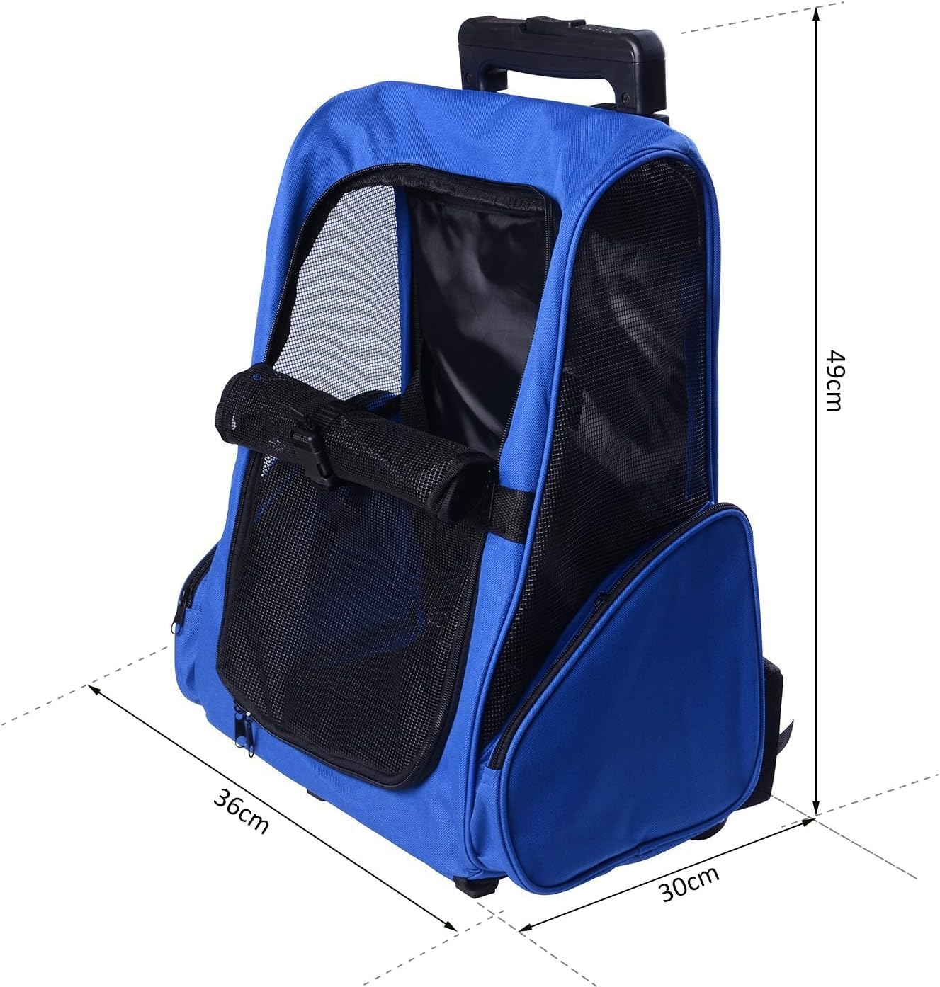 PawHut Pet Travel Backpack Bag Cat Puppy Dog Carrier w/ Trolley and Telescopic Handle Portable Stroller Wheel Luggage Bag (Blue) - Image 3