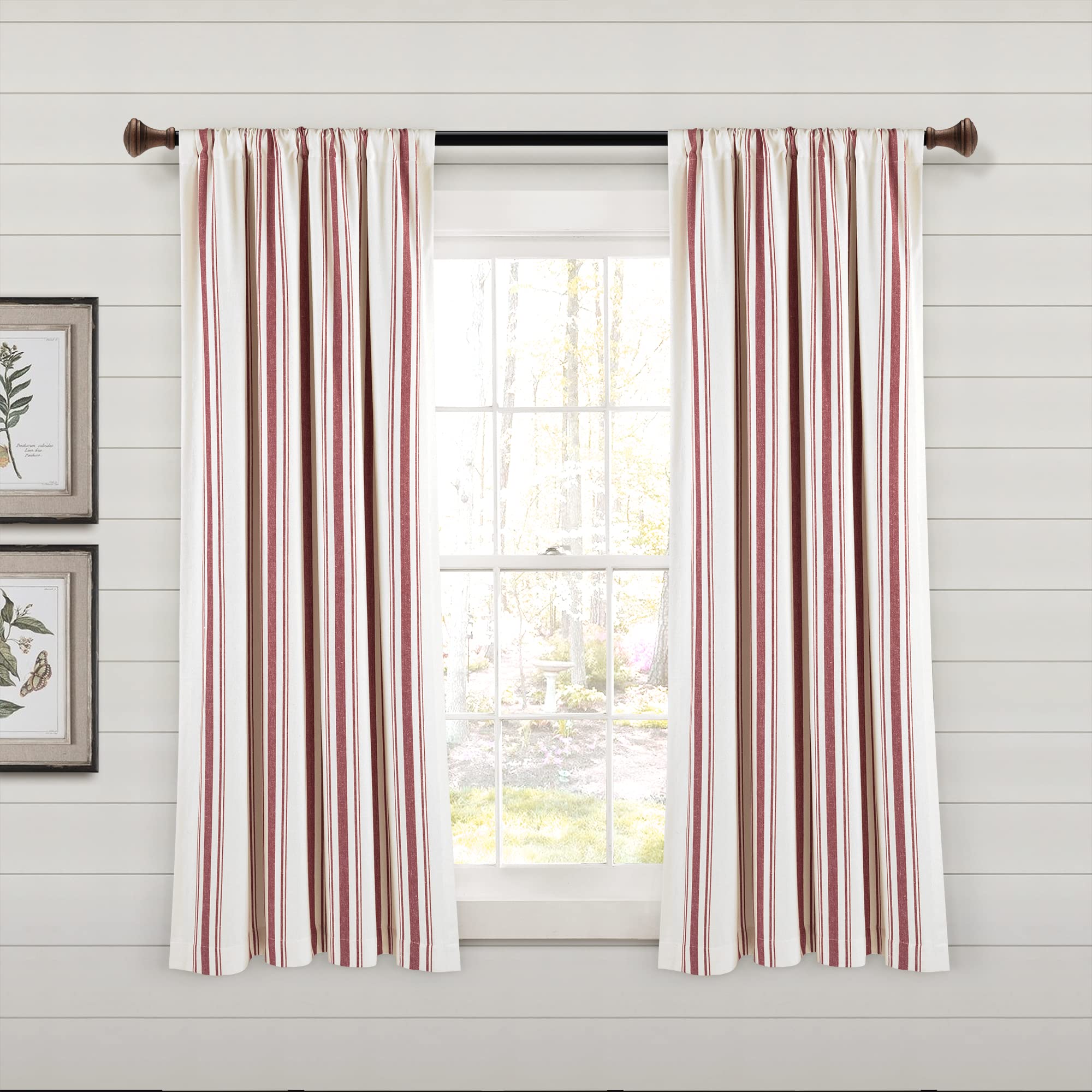 Lush Decor Farmhouse Stripe Yarn Dyed Eco-Friendly Recycled Cotton Window Curtain Panel Pair, 63" L x 42" W, Red