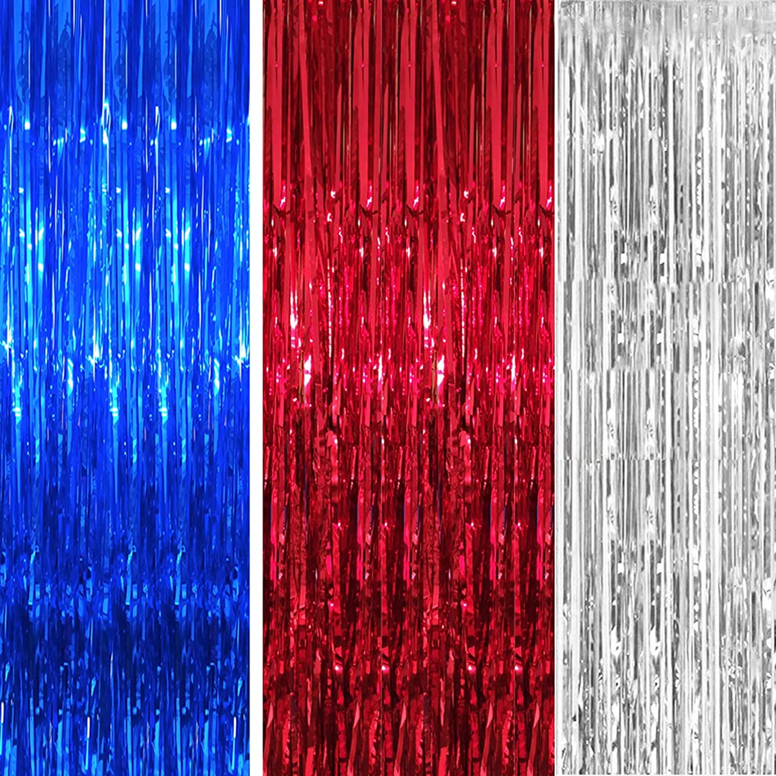 3pcs Red Silver Blue Tinsel Foil Fringe Curtains,3.2ft x 6.5ft Party Backdrops Props for King Charles III Coronation,UK USA French Events,American Independence Day,Superhero Avengers Theme Party Decor