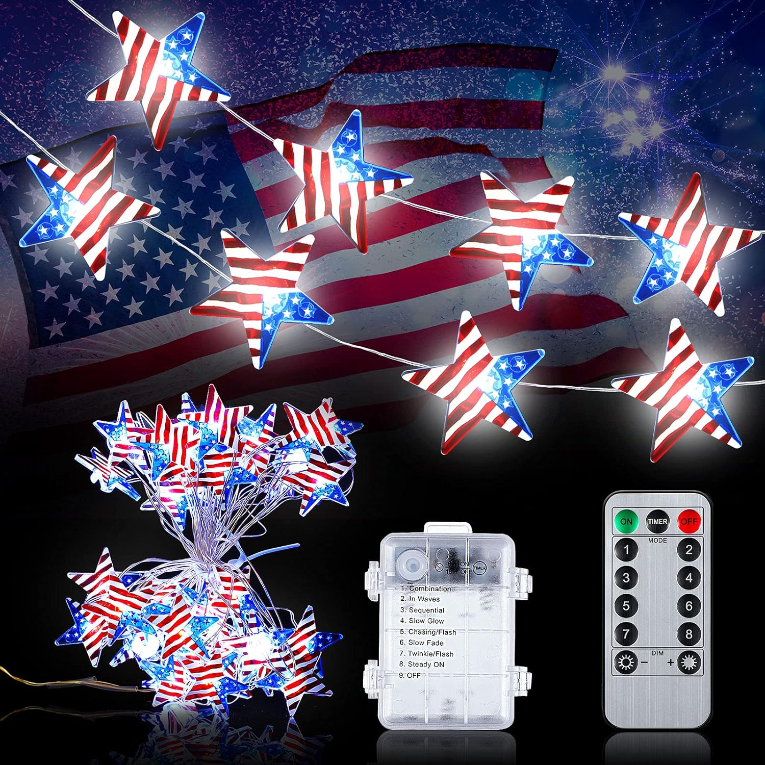 Mudder 13 feet 40 LED American Flag String Lights 4th of July Independence Day Decorative LED Lights Battery Operated Lights with Remote for Memorial Day 4th of July Decoration