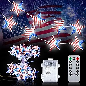 Mudder 13 feet 40 LED American Flag String Lights 4th of July Independence Day Decorative LED Lights Battery Operated Lights with Remote for Memorial Day 4th of July Decoration