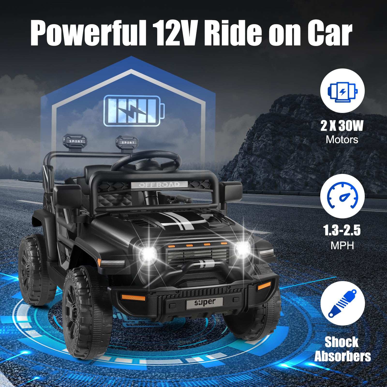 Hikole 12 Volt Ride on Toys for Toddlers, Battery Power Cars for Kids with Remote Control, Electric Vehicle w/Bluetooth, Spring Suspension & LED Light, Black