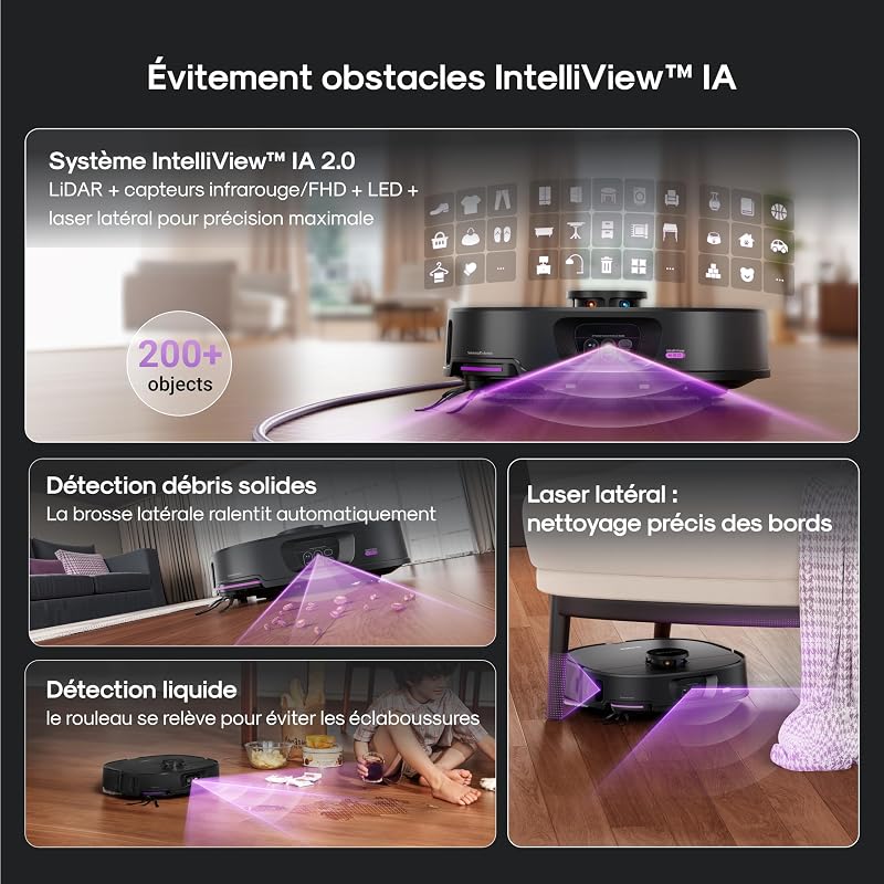 Robot Aspirateur Laveur. Serpillière & Brosse latérale Extensible, Aspiration 22000 Pa. Station autonettoyante, Lavage serpillière Eau 80℃, IntelliView 2.0, Anti-emmêlement, Noir,J15 Max Ultra