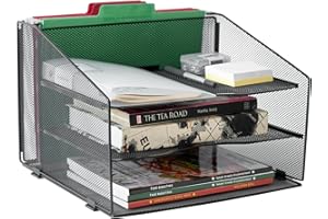 EasyPAG Mesh Desktop File Organizer 3 Tier Paper Tray with 1 Letter Size Vertical Hanging File Folder Holder Rack,Black