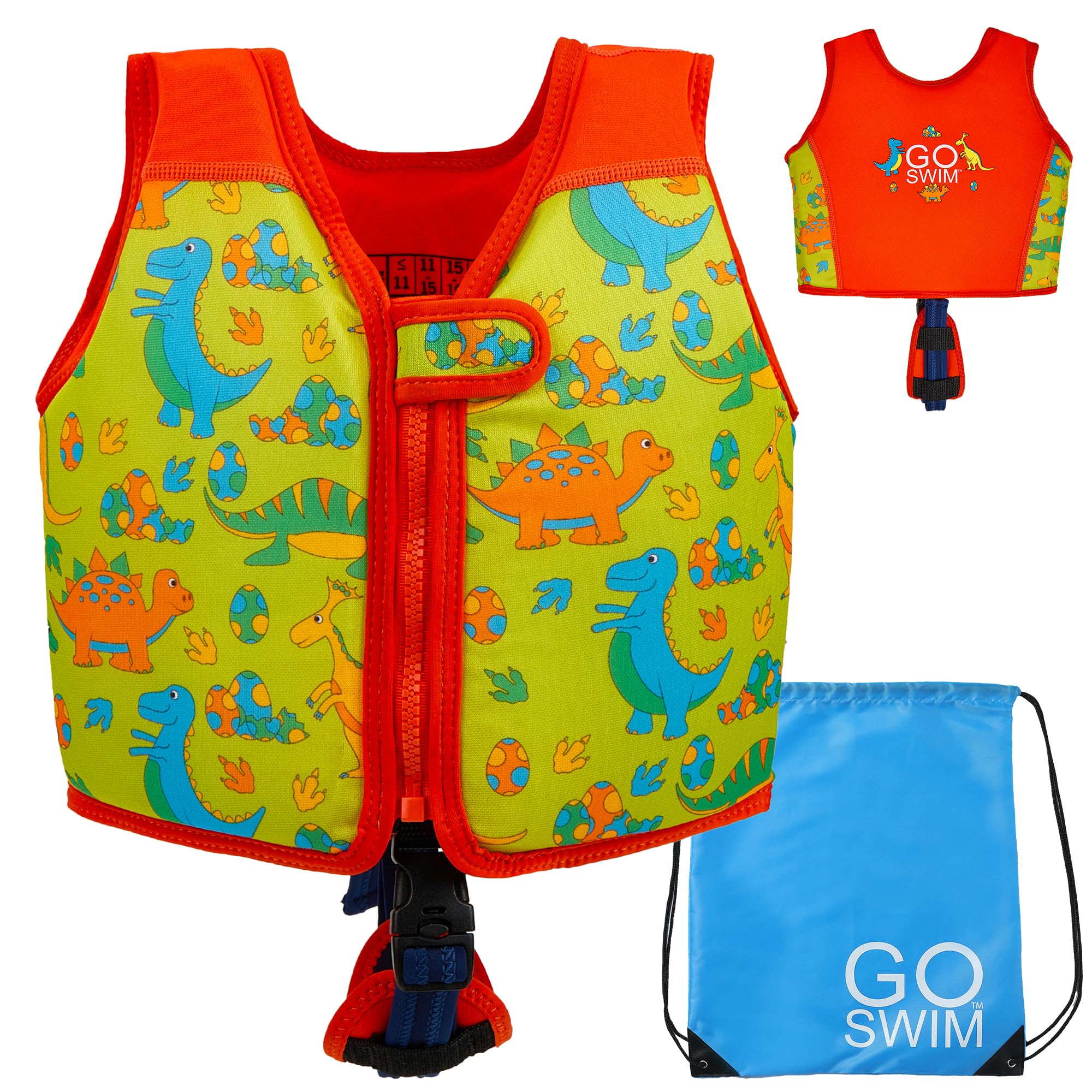 Go Swim Float Vest – Baby, Toddler & Kids Swim Vest for 1-6 Years- Fixed Buoyancy & Safety Strap. *Includes Free Swim bag* (Daring Dinos, 3-6 Years/19-30kgs)