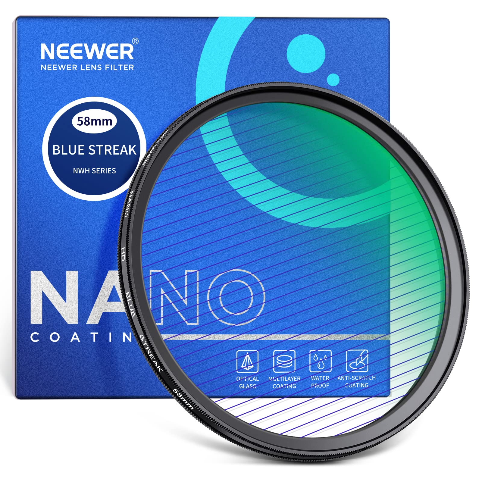 NEEWER 58 mm Blue Streak Anamorphic Filter Optical HD Glass, 360° Rotatable Anamorphic Scattered Light Special Effect Lens Filter, 28 Layers, Multi-Resistant Coated Aluminium Alloy Frame