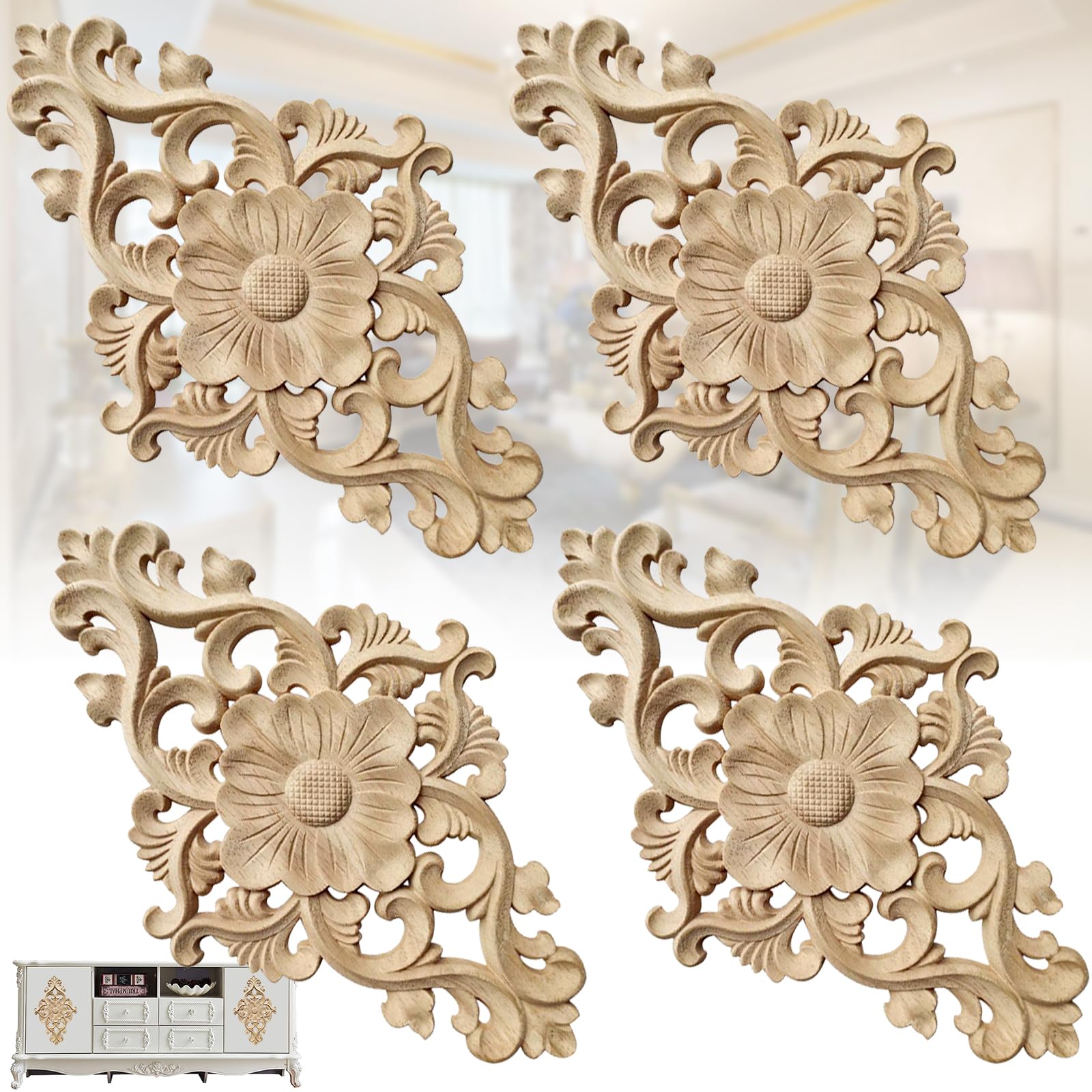 Mikqky Set of 4 S-carved ornaments, applique, wooden ornament, S-carved corner onlay A-pplique, appliques carving ornament, H-wood carving ornament