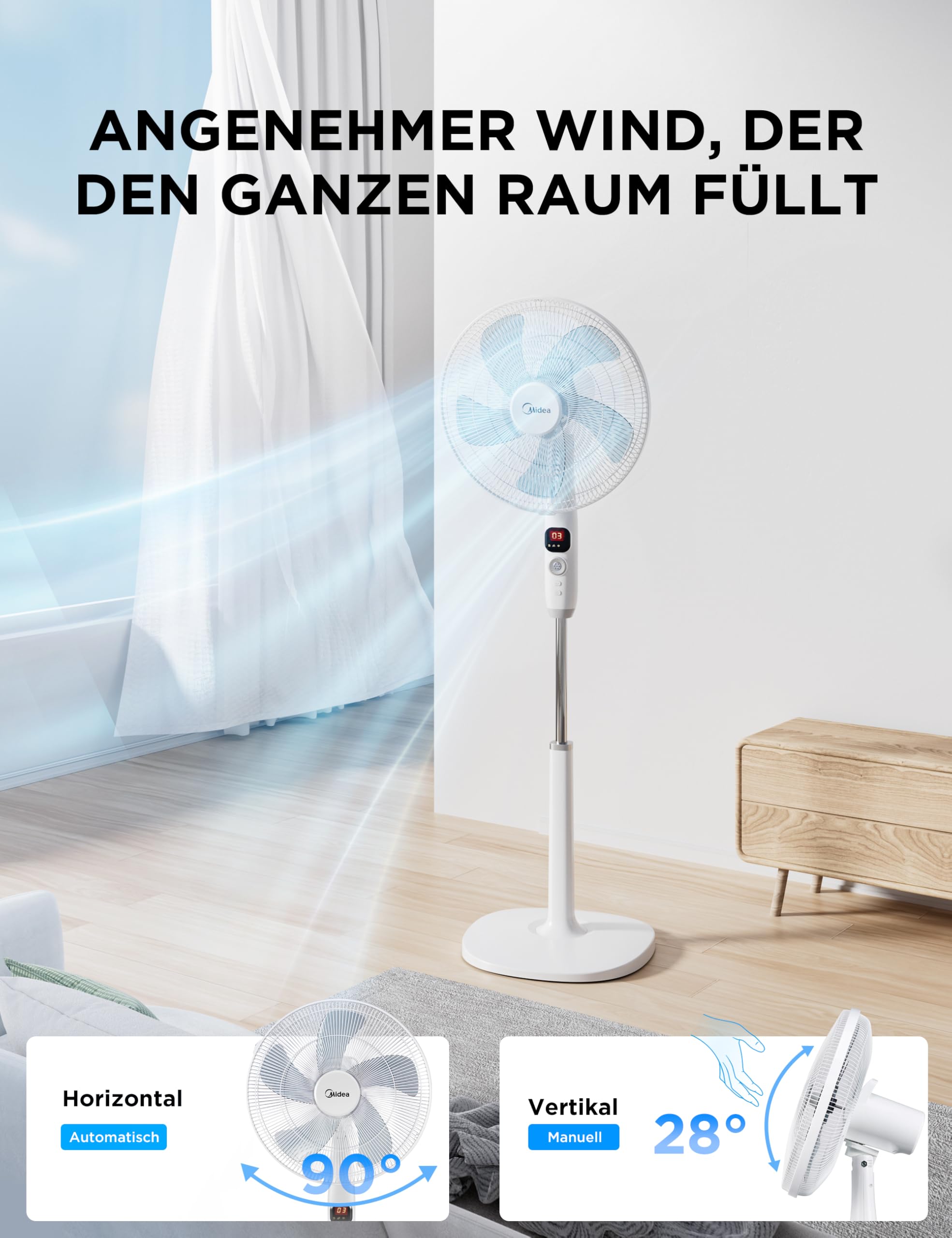 Midea FS40-16CR DC Motor Standventilator leise Extreme,mit Fernbedienung,12 Geschwindigkeiten,12H Timer,4 Modi,LED-Anzeige,energiesparend,22 dB,höhenverstellbar,Luftzirkulation, Weiß 6