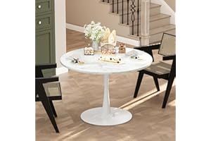 LTTROMAT 32 Inch Round Dining Table, White Marble Tulip Dining Table Tulip Table W/0.71" Thickness & Metal Pedestal Base for 2 to 4 People, Modern Round Kitchen Table Leisure Table Circle Coffee Table