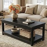 Homieasy 43.3&rdquo; Farmhouse Coffee Table with Storage Shelf, Black | Rectangular Wood Center Table for Living Room, Modern Tea Table