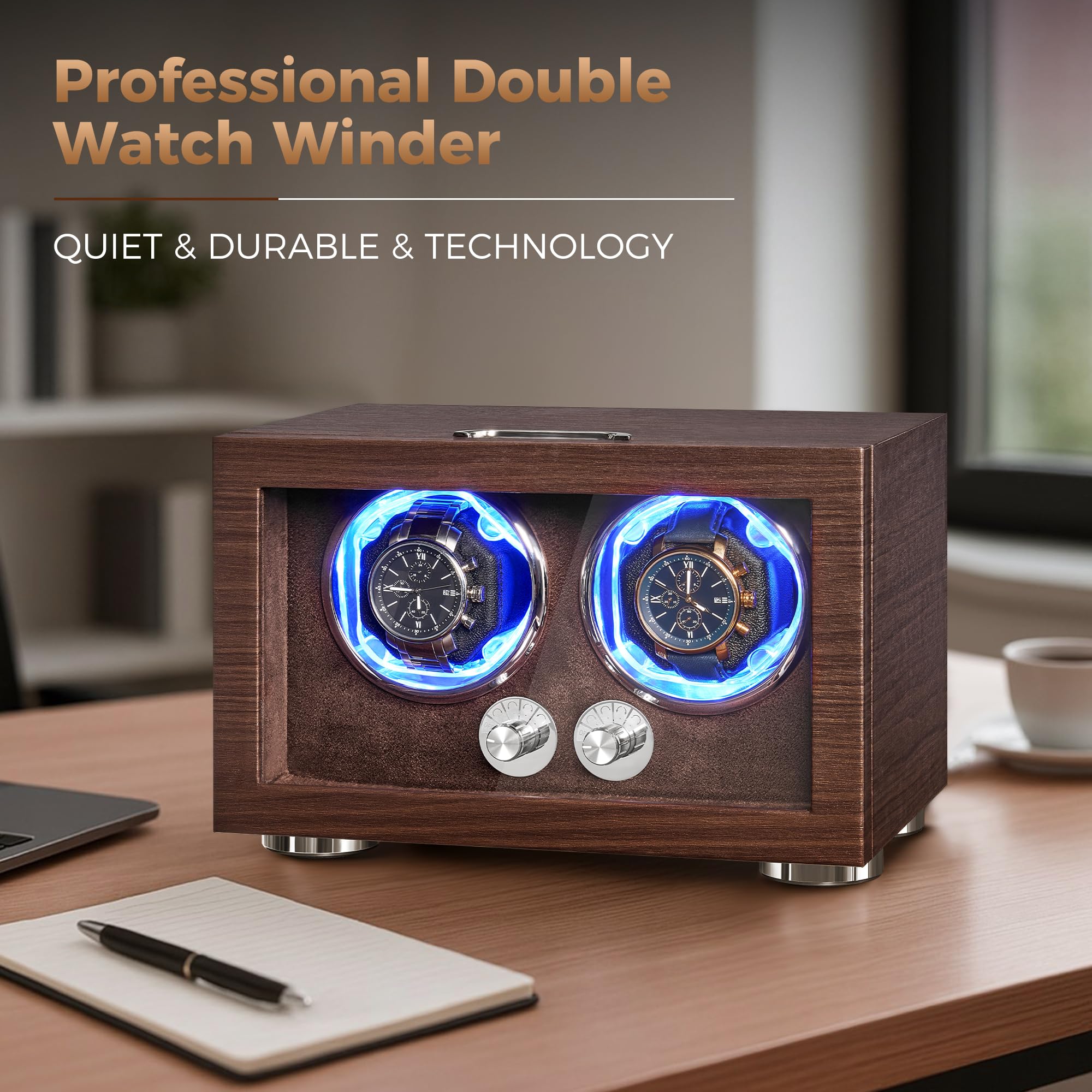 ANWBROAD ANWBROAD Double Watch Winder, Automatic Watch Winder for Automatic Watches, Dual Watch Winder Box with Type-C Port Adapter, 4 Modes, Quiet Motor, LED Light, UJWW004M