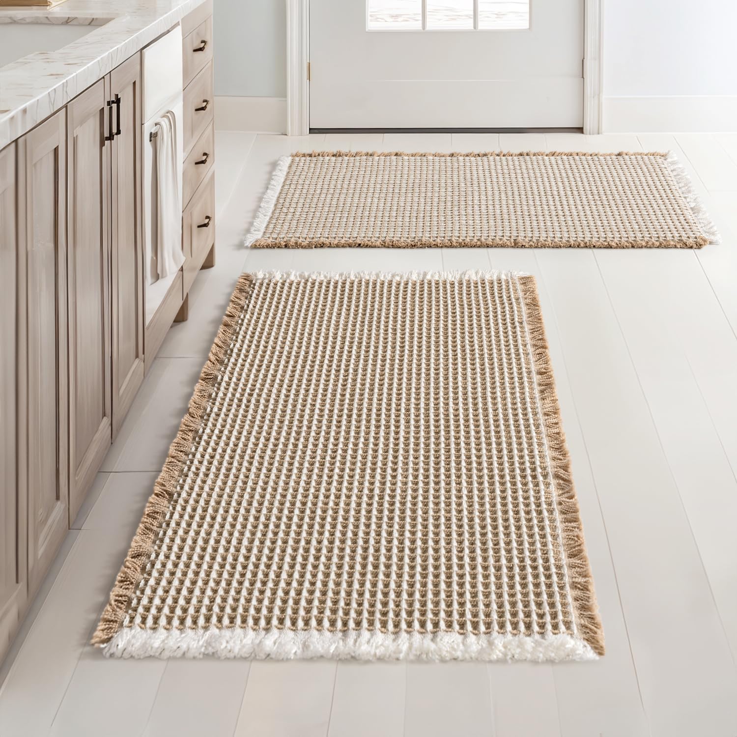 Photo 1 of MIULEE Set of 2 Waffle Bathroom Rugs, Boho Bath Rugs Non Slip Washable, Super Absorbent Bath Mats, Ultra Soft Rubber Backed Shower Mats for Bathroom Floor, Tub, Brown & White, 18x30 Inch