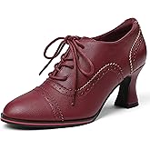 Yremael Women's Black Oxfords Dress Wingtip Vintage Comfortable Chunky High Heel Lace Up Brogues Booties