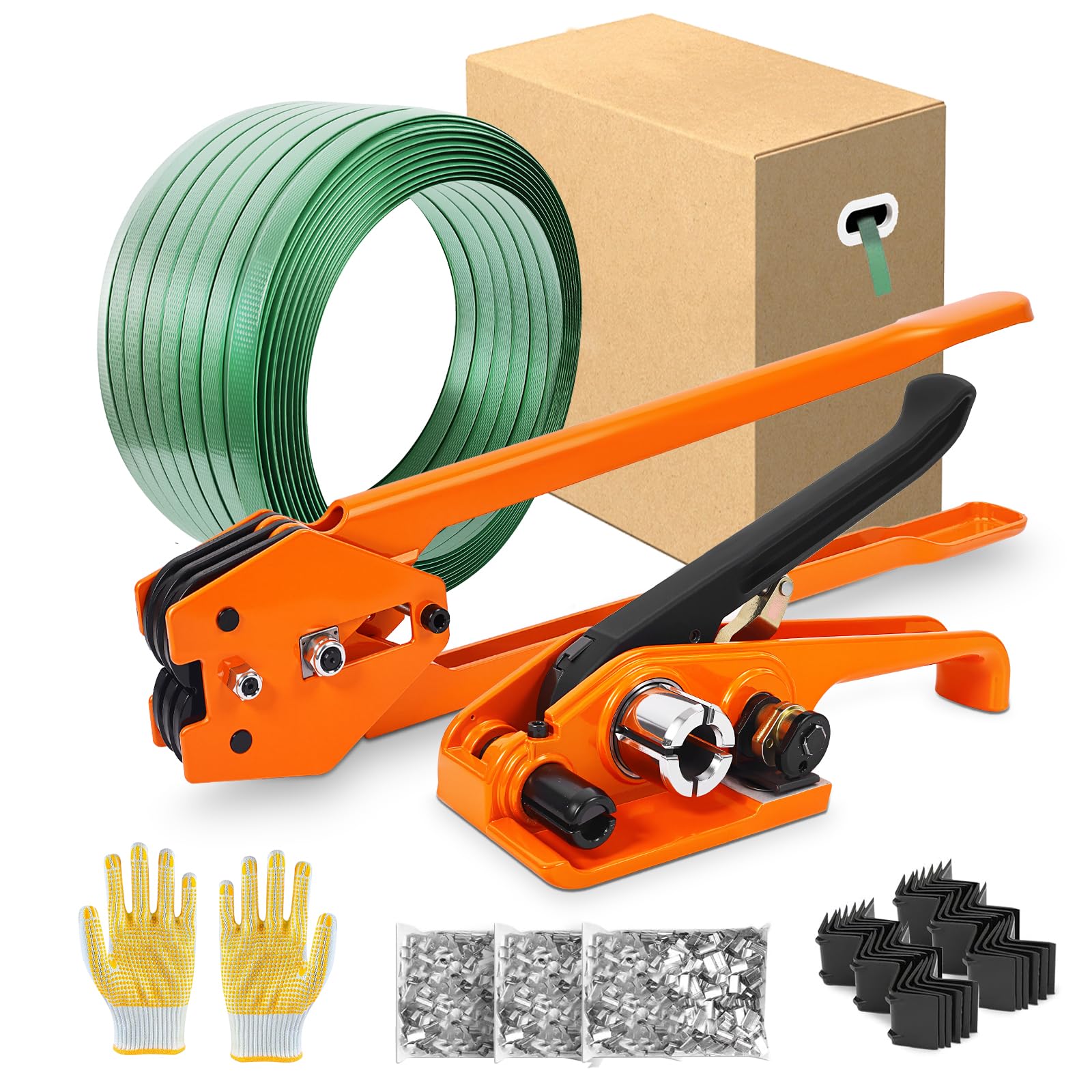 Photo 1 of PET Banding Strapping Kit for Heavy Duty Tough Pallet Packaging Strapping Tool with >1500lbs 5/8" x 1000' PET Strapping Roll & its own Pull-Out Box 100 Corner Protectors 300 Seals