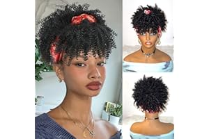 DEYNGS Afro Headband Wig Black Kinky Curly Headband Wig with Bangs Head-Wrap Wigs 2 in 1 Afro Puff Wig With Bangs for Women Synthetic Half Wigs
