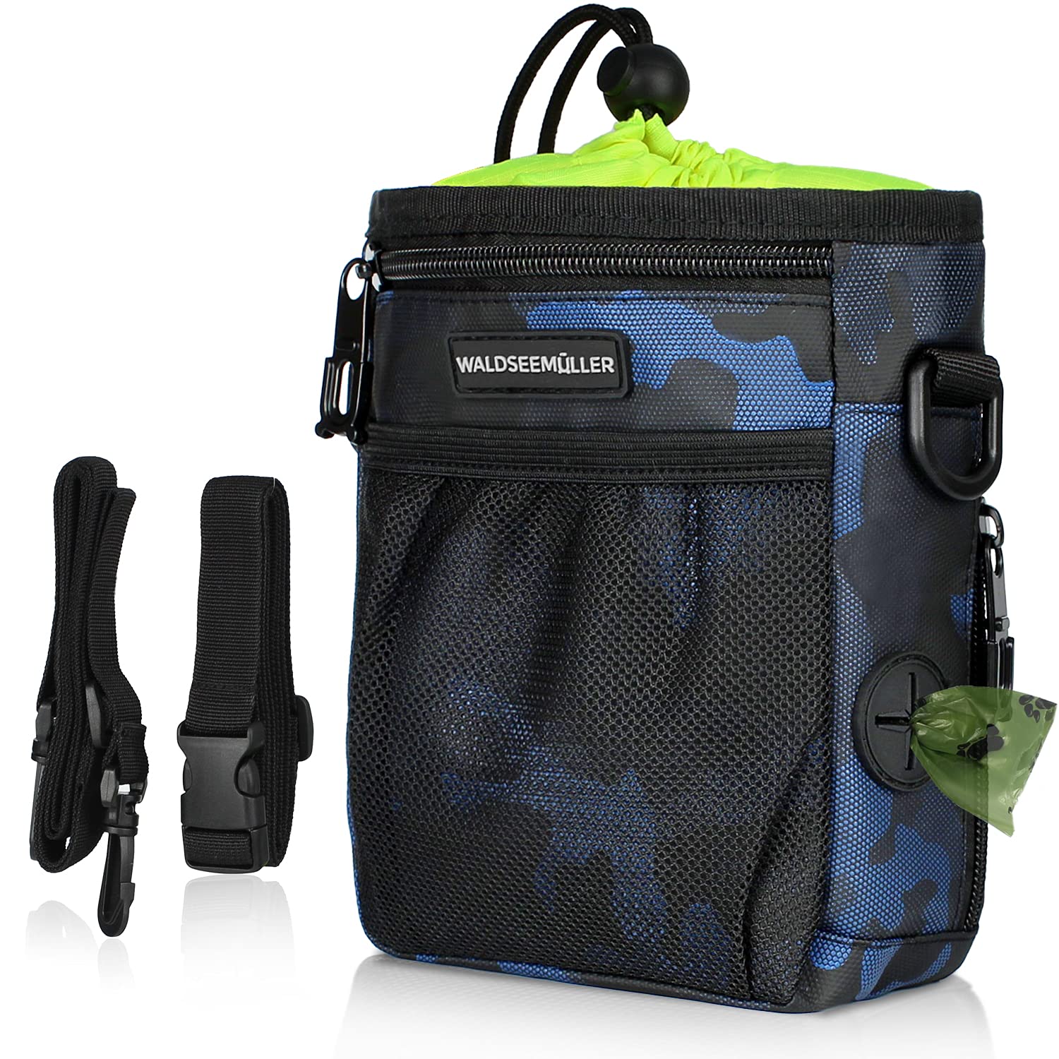 Camo Blue Dog Treat Pouch - Walking Bag with Multiple Pockets, Built-In Poop Bags Dispenser, Adjustable Belt 3 Ways to Wear — image 1