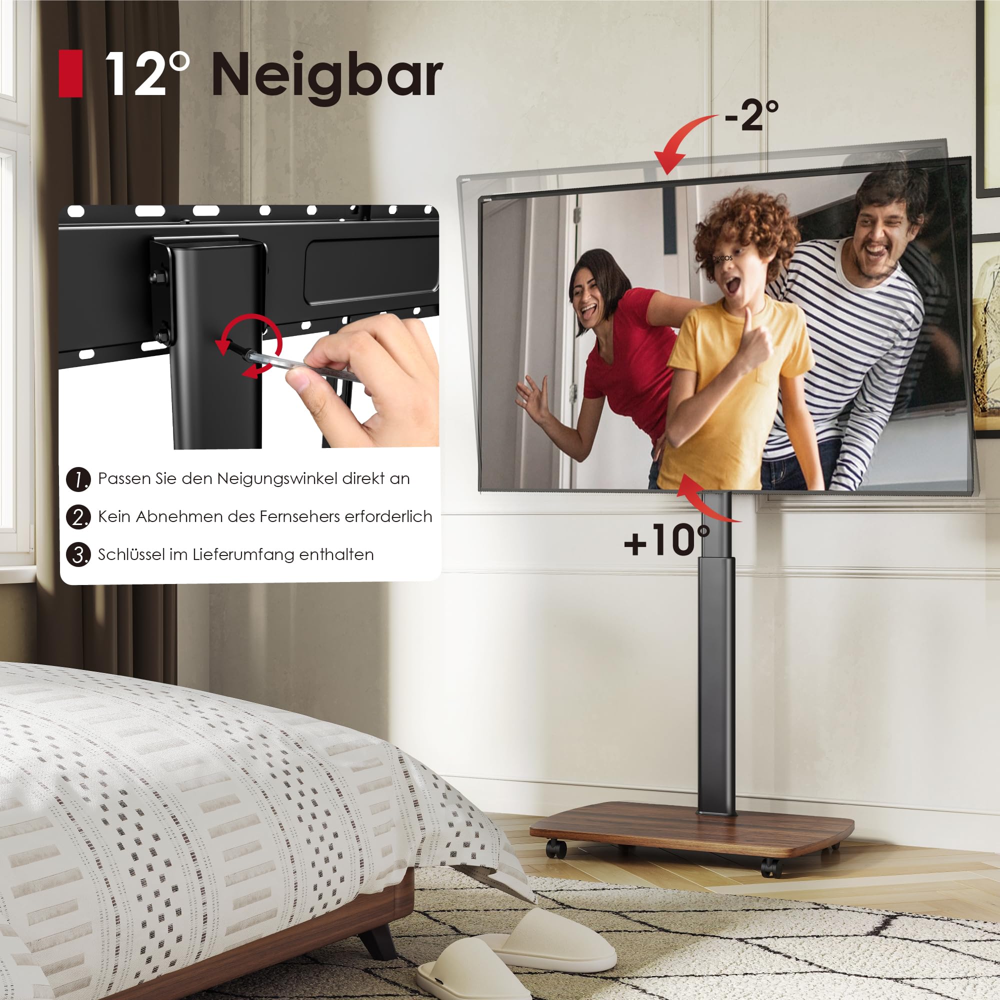 AOKCOS TV Bodenständer Rollbar mit Holzregal, TV Ständer mit Rollen für 43-75 Zoll Flach & Curved Fernseher bis 50kg, Höhenverstellbar Schwenkbar Fernsehstand, Max.VESA 600x400mm 3