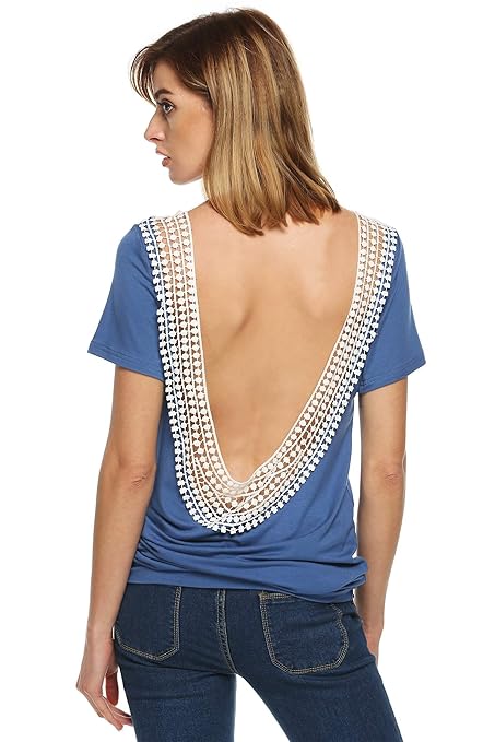 ACEVOG Damen T-Shirt Casual Langarm Rückenfrei Tops mit Spitzen Stretch Langshirt Gr.36-44