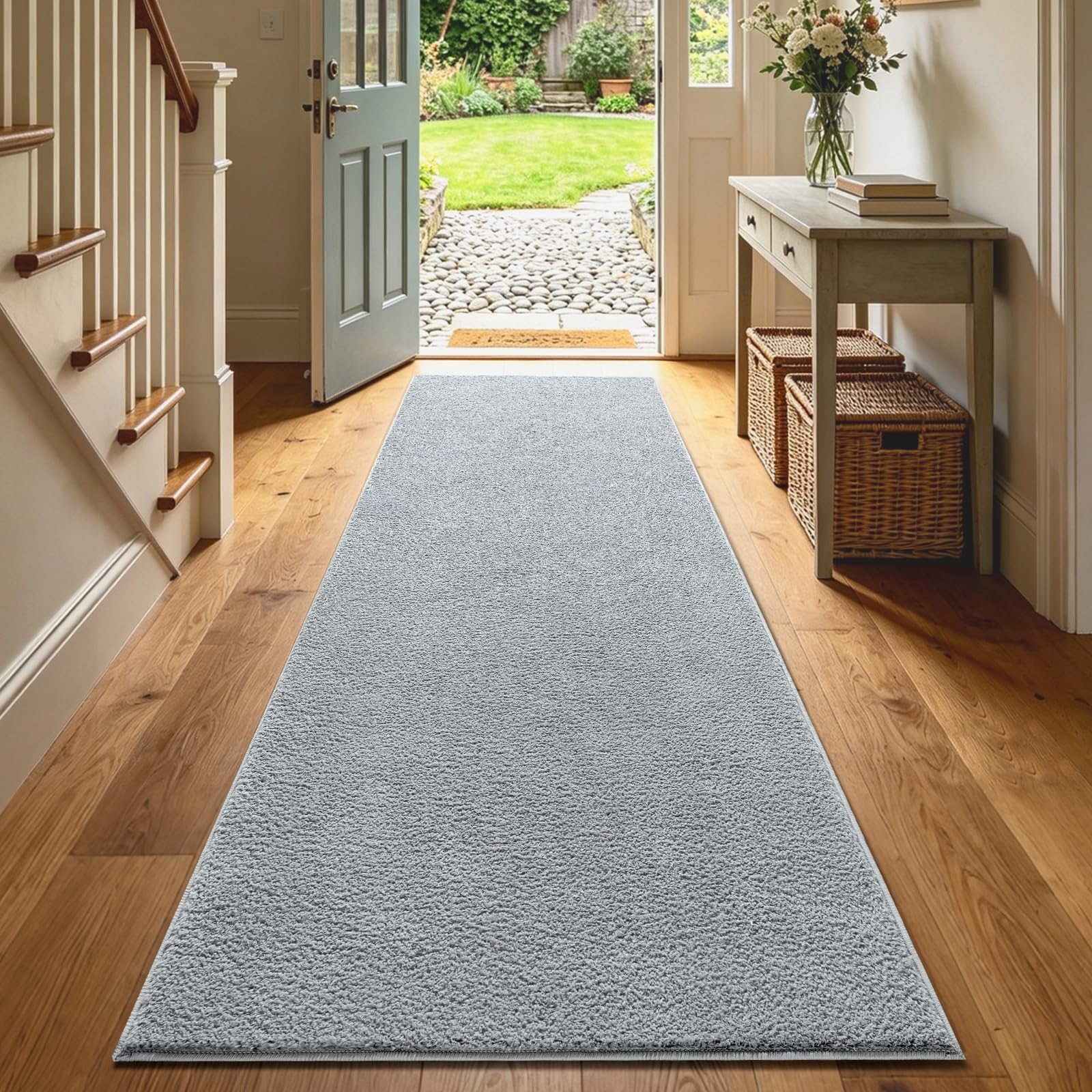 Condition photo showing As Is for 2x6 light grey solid runner rug washable non-slip for kitchen hallway | stays put?tpr backing?soft?door-friendly thin?kid & pet friendly?bathroom?bedroom?indoor?carpet?area rug?home decor