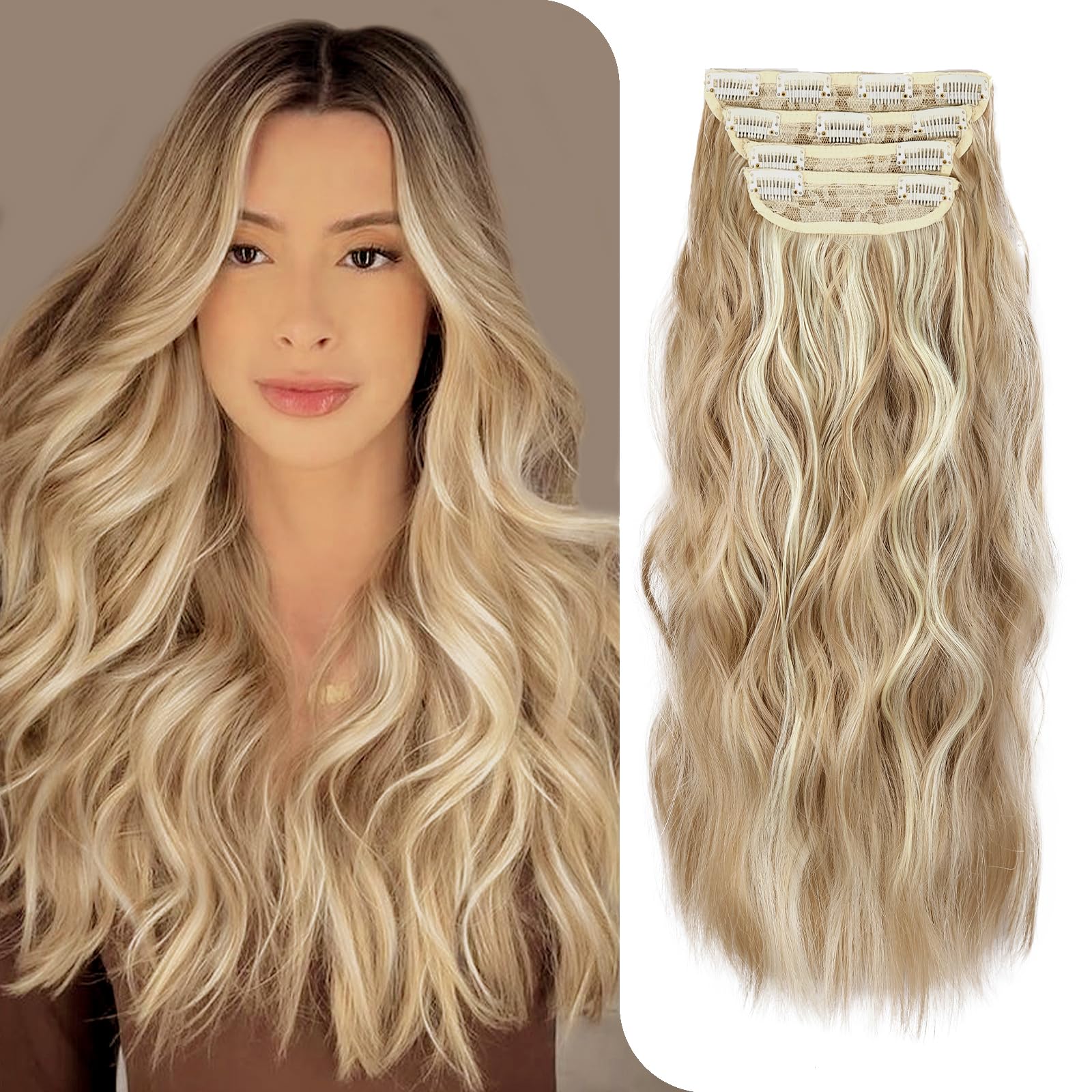 Photo 1 of 4PCS Synthetic Ash Blonde Highlighted Bleach Blonde Clip in Hair Extensions 20 Inch Long Wavy Synthetic Hair Extensions Thick and Full for Women
