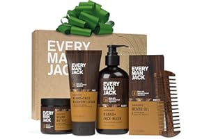 Every Man Jack Beard Essentials Gift Set for Men – Complete Routine with 5 Full-Size Products – Sandalwood Scent - Beard & Face Wash, Lotion, Oil, Butter & Comb