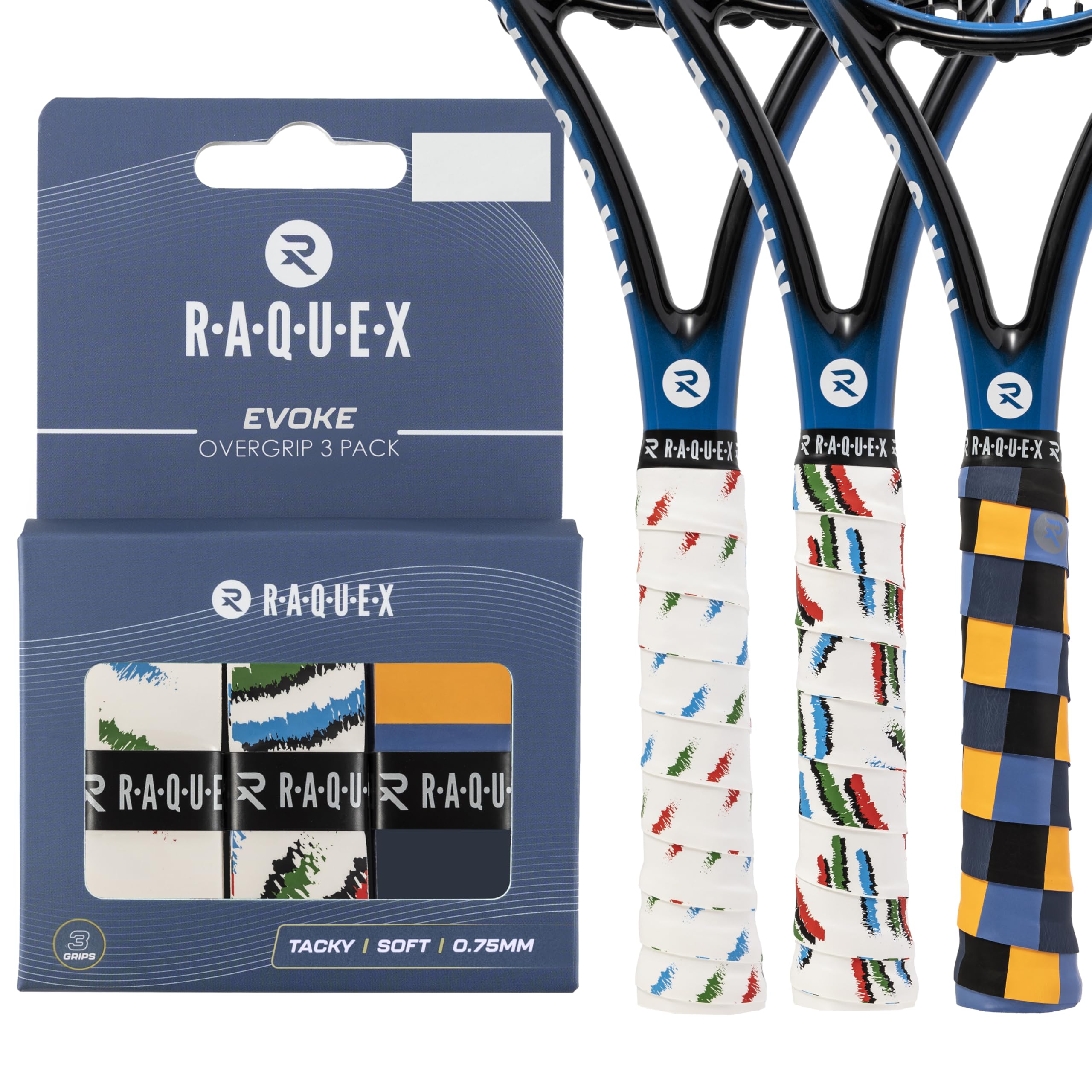 Raquex Evoke Overgrip Tape 3 Pack - Tennis Racket Grip Tapes (11 Designs) - Racquet Anti Slip Tape Overgrip for Tennis Rackets, Badminton, Squash, Padel. Finishing Tape Included