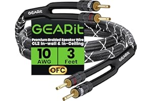 GearIT 10AWG Speaker Cable Wire with Gold-Plated Banana Tip Plugs (3 Feet) in-Wall CL2 Rated, Heavy Duty Braided, 99.9% Oxygen-Free Copper (OFC) - Black