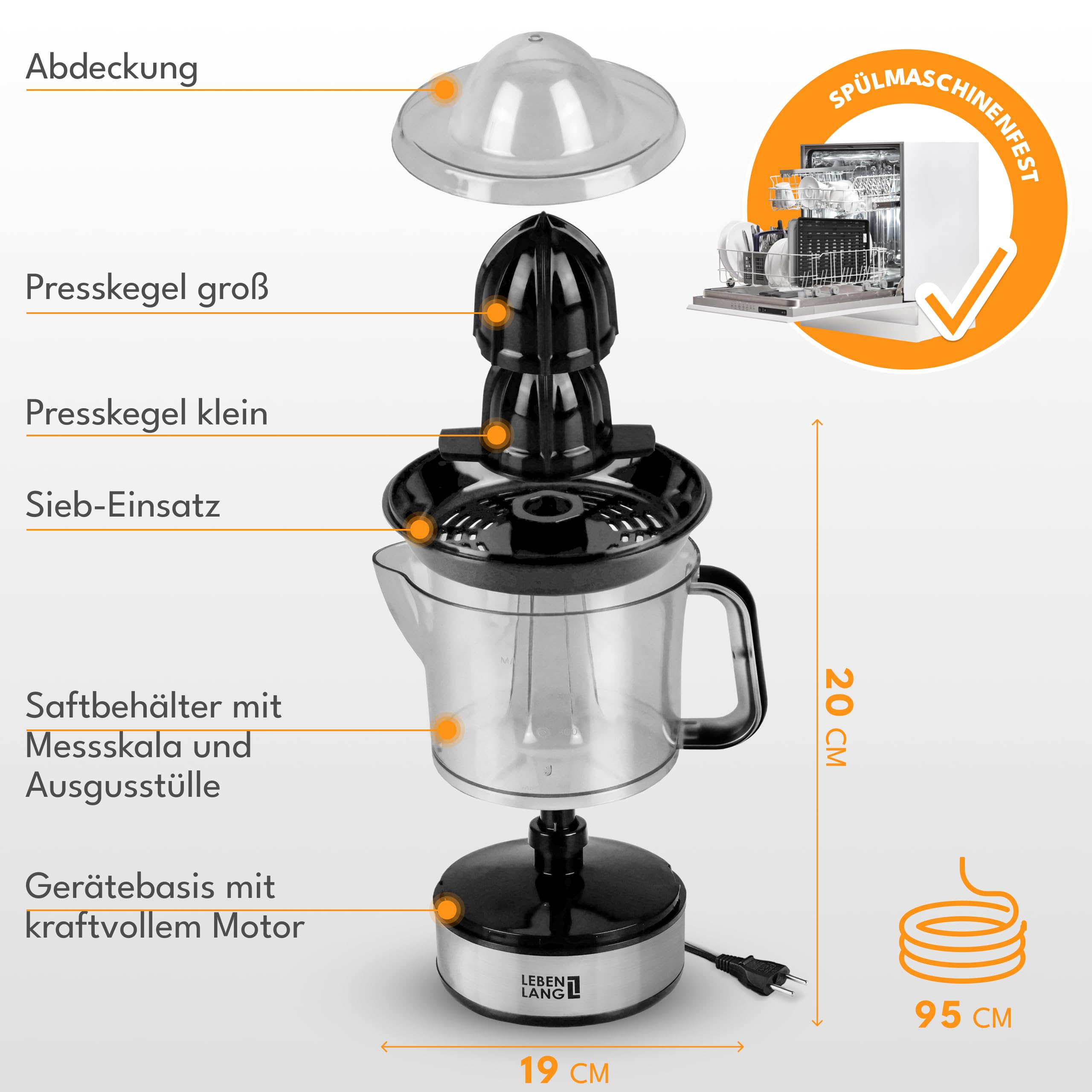 LEBENLANG Zitruspresse elektrisch - 2 Kegel & BPA-Frei I Hohe Saftausbeute I 700ml Orangenpresse elektrische Saftpresse Edelstahl für Zuhause I Entsafter Zitronenpresse Orangensaftpresse 5